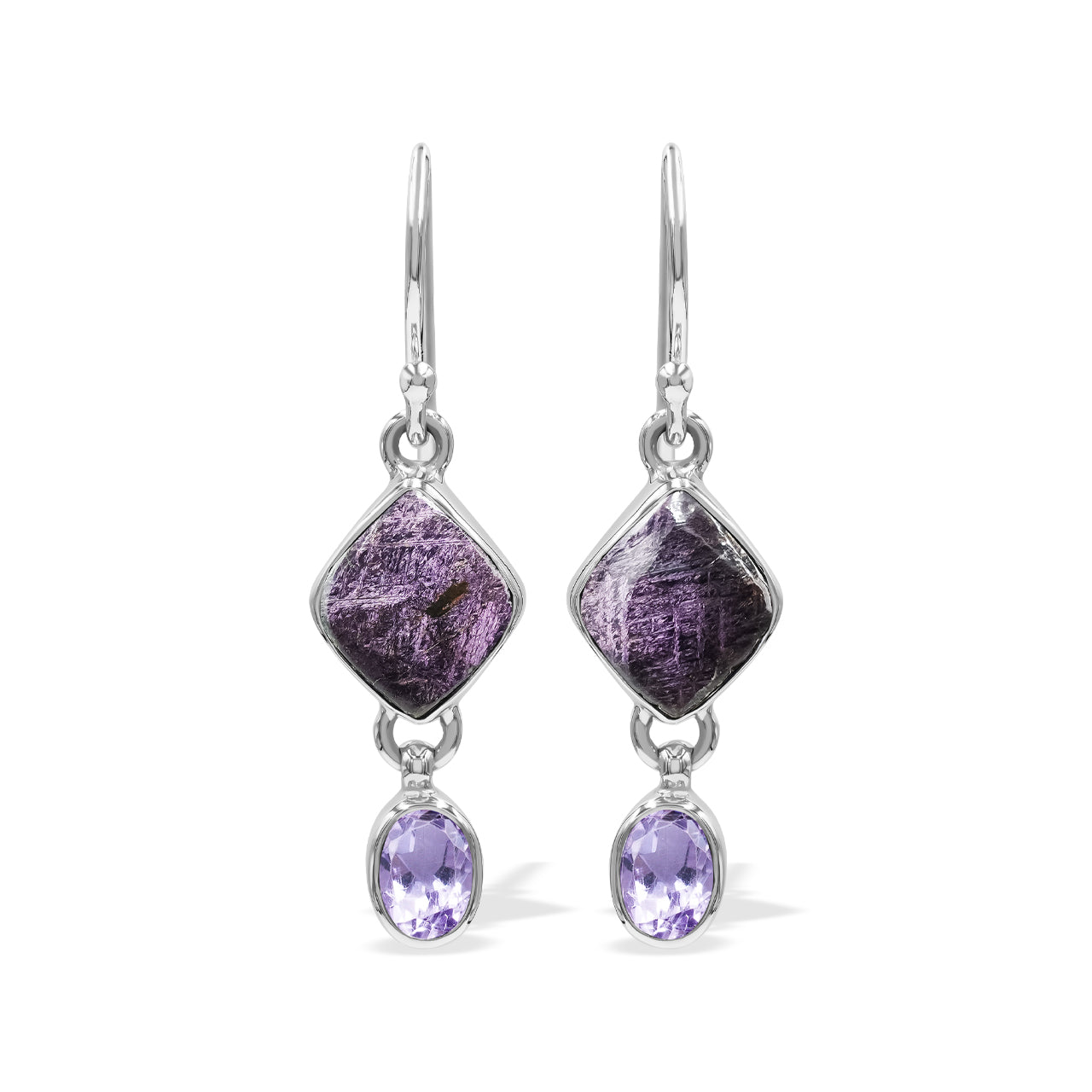 Purpurite and Amethyst Dangle Earrings in Sterling Silver