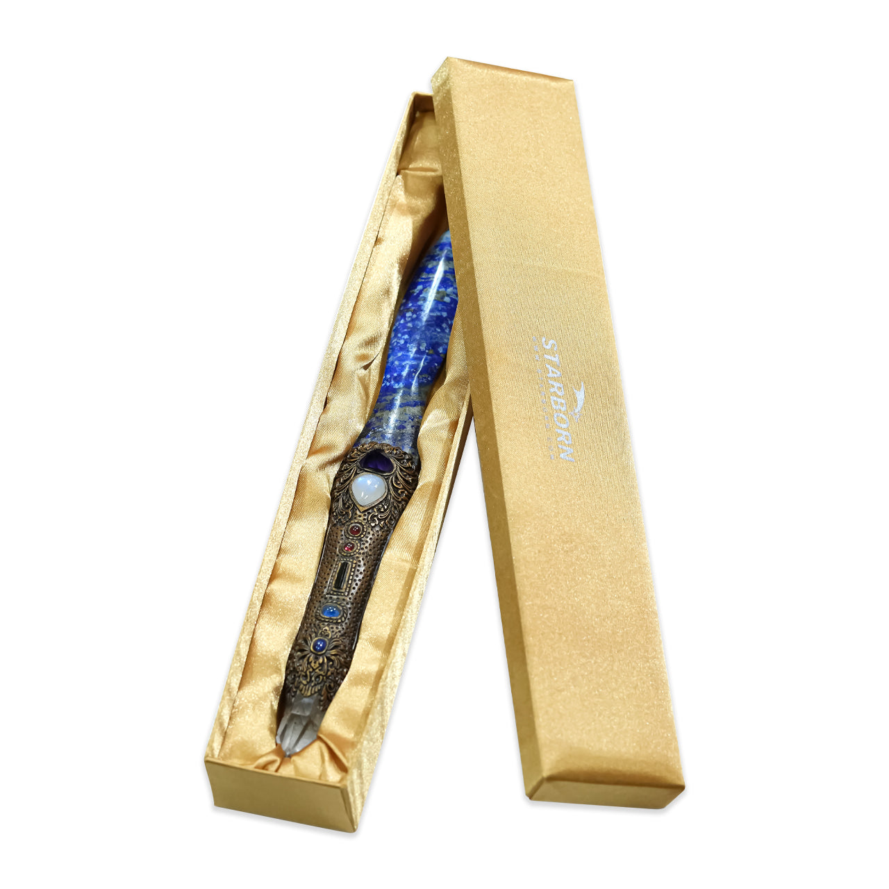 Magic wand Lapis Lazuli with carved clay handle 32 cm