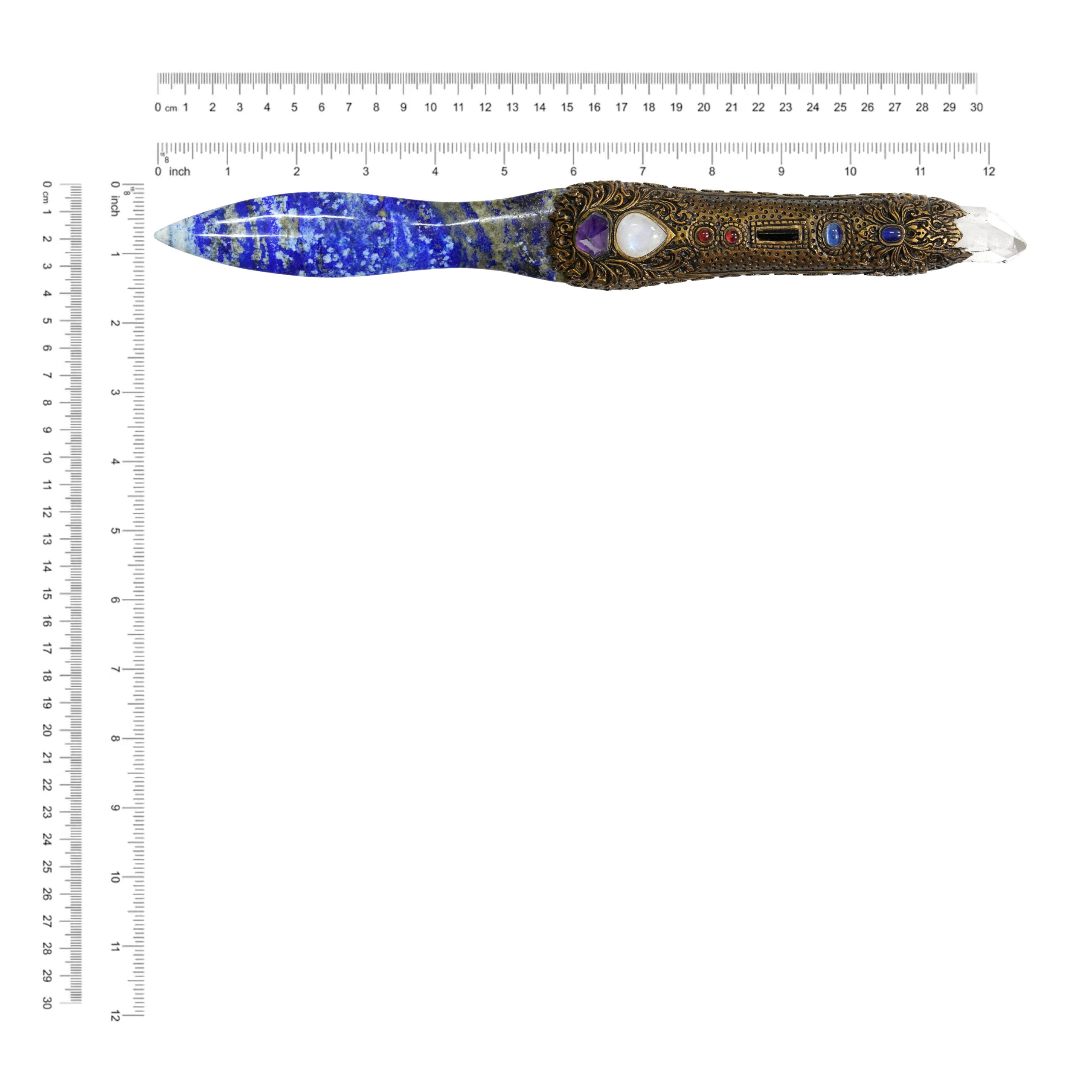 Magic wand Lapis Lazuli with carved clay handle 32 cm