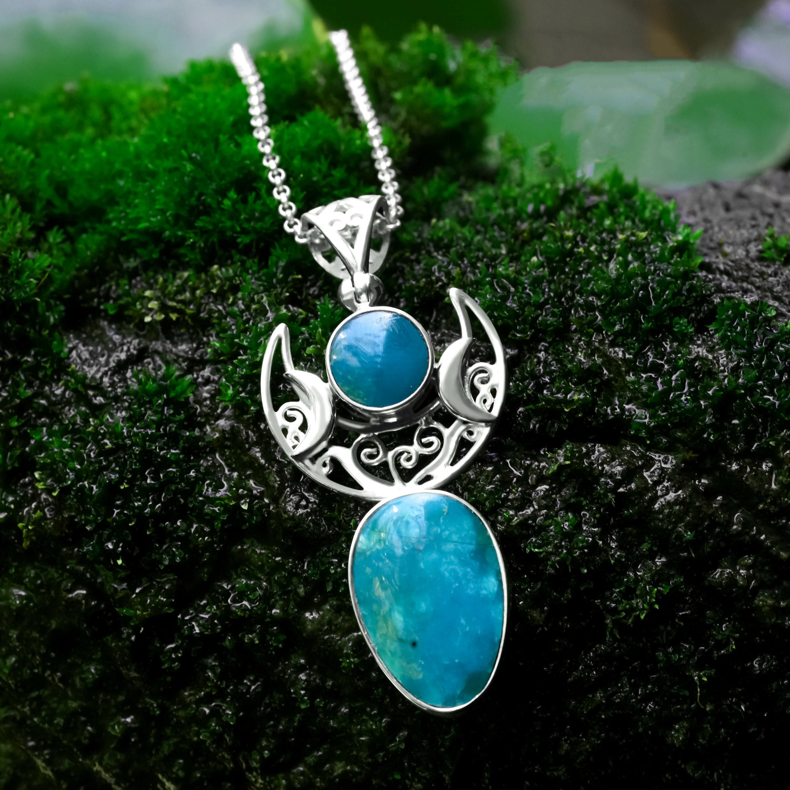 Peruvian Blue Opal Pendant with Crescent Moon Accents
