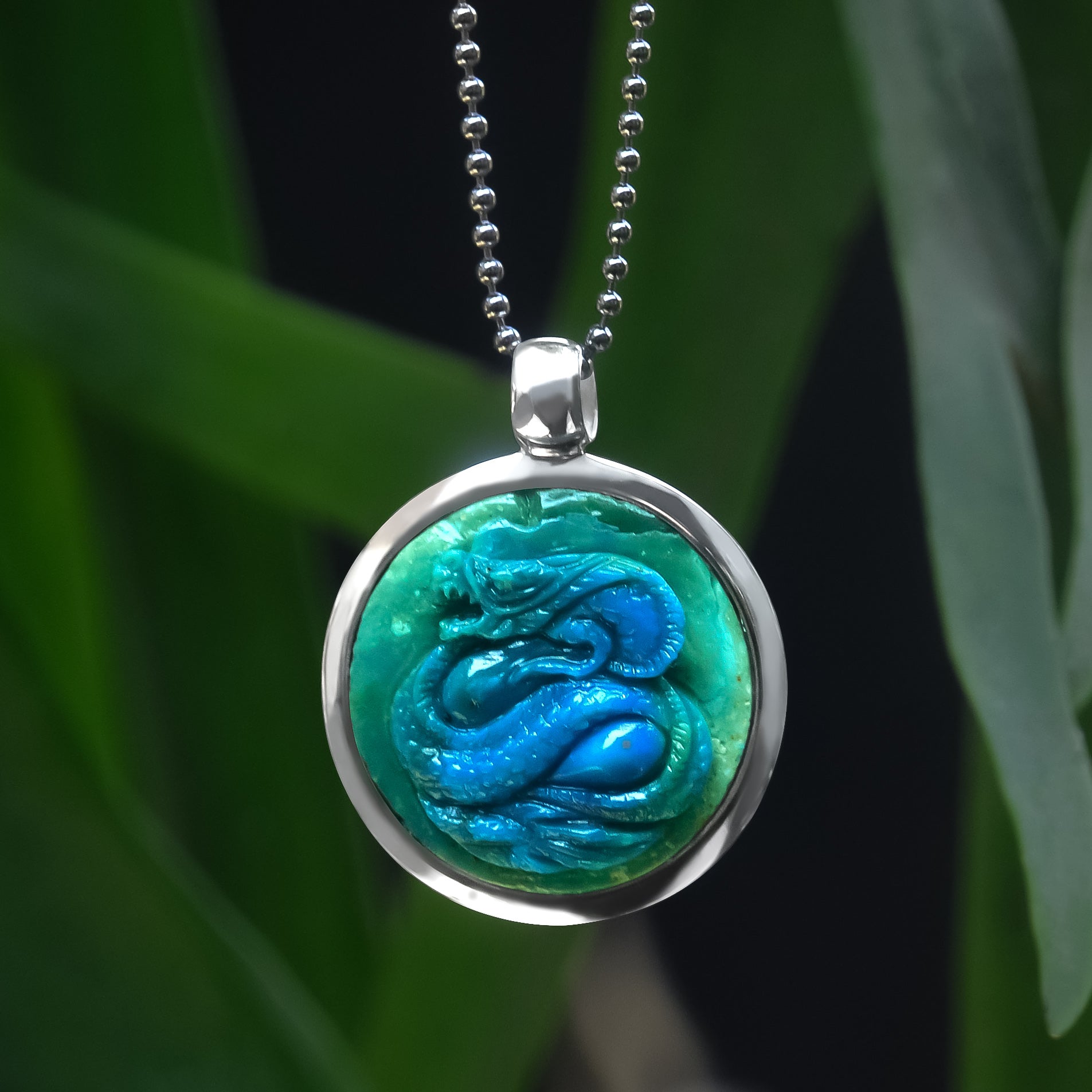 Peruvian Blue Opal Carved Dragon Pendant