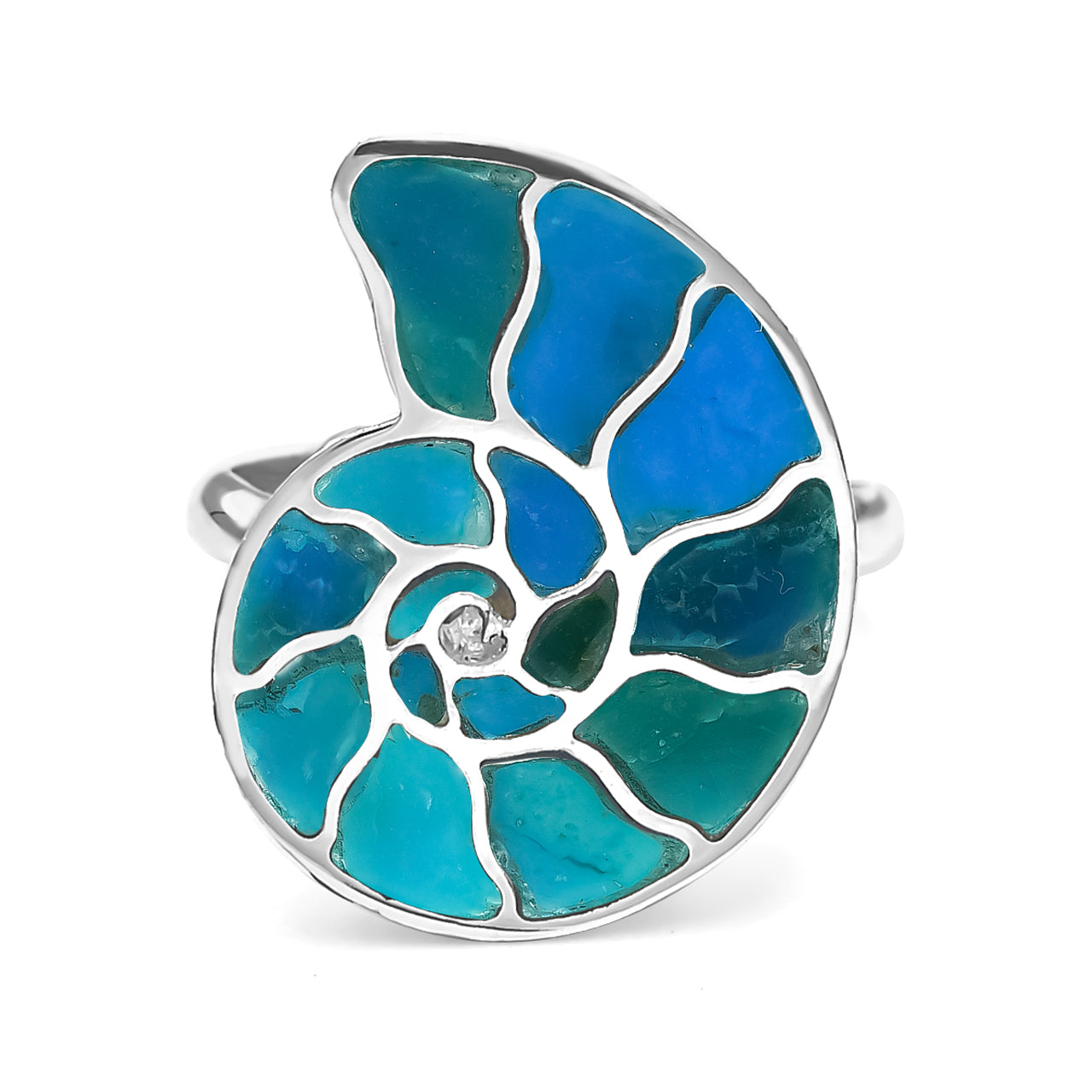 Peruvian Blue Opal Inlaid Nautilus Ammonite Ring