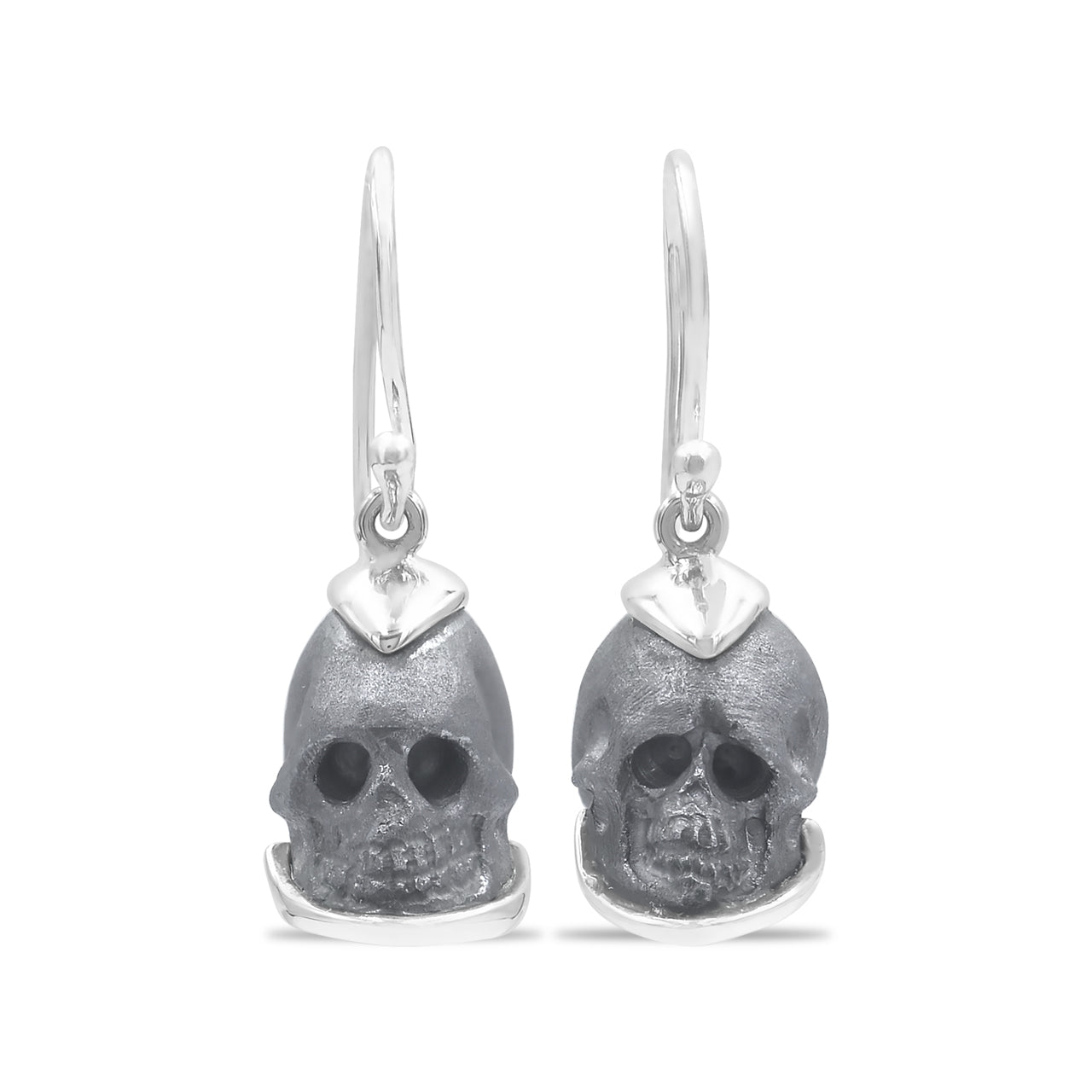 Pure Elemental Silica Hand Carved Skull Dangle Earrings in Sterling Silver.