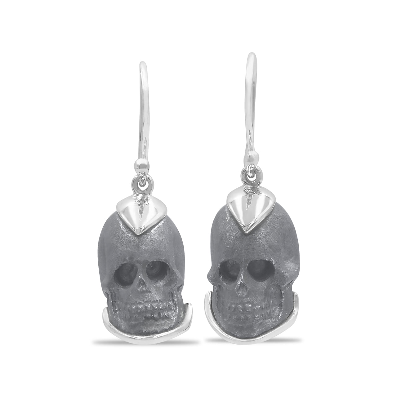 Pure Elemental Silica Hand Carved Skull Dangle Earrings in Sterling Silver