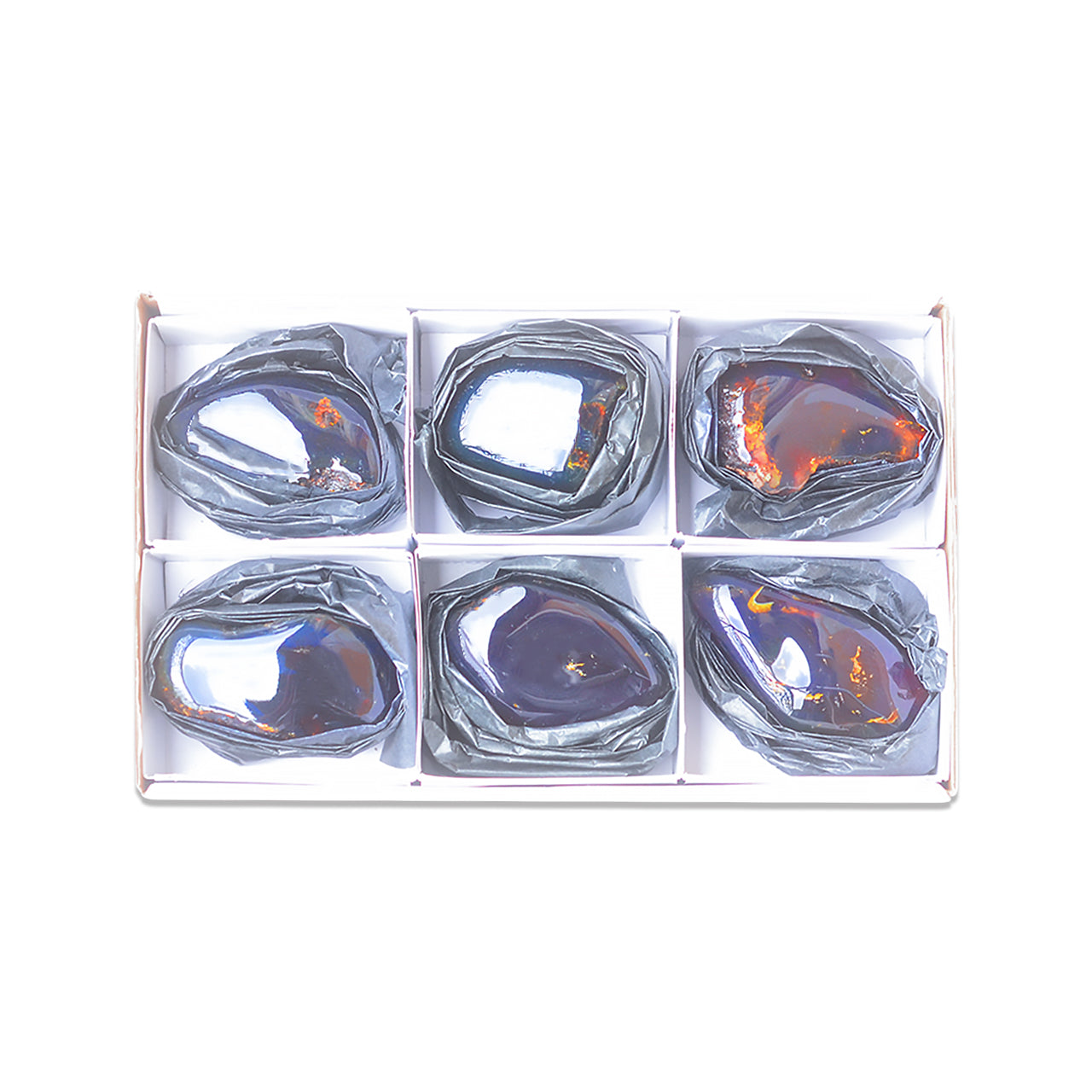 SIxth front view of six polished Sumatra Blue Amber collector pieces arranged in a white box with dividers.