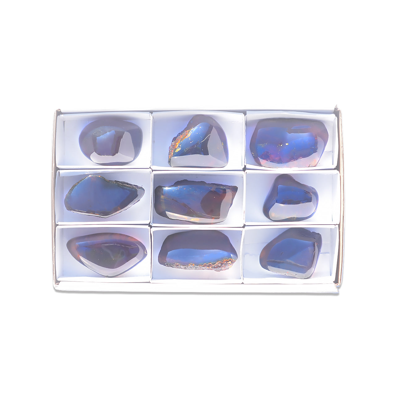 Fourth front view of nine polished Sumatra Blue Amber collector pieces arranged in a white box with dividers.