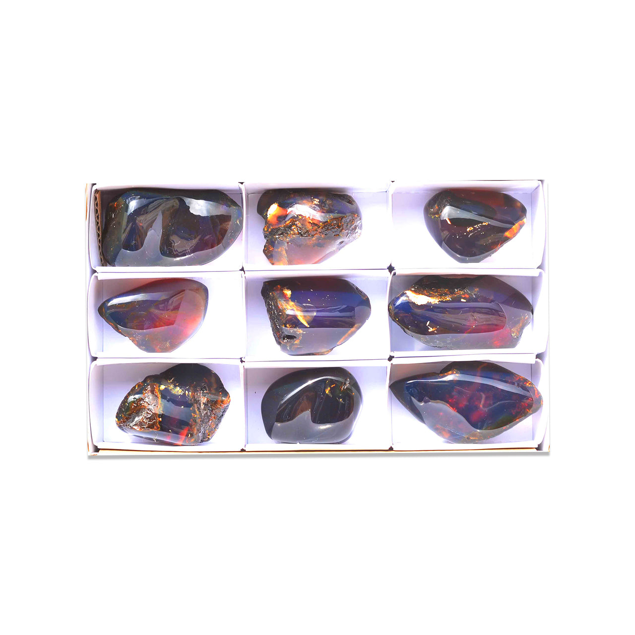 Fifth front view of nine polished Sumatra Blue Amber collector pieces arranged in a white box with dividers.
