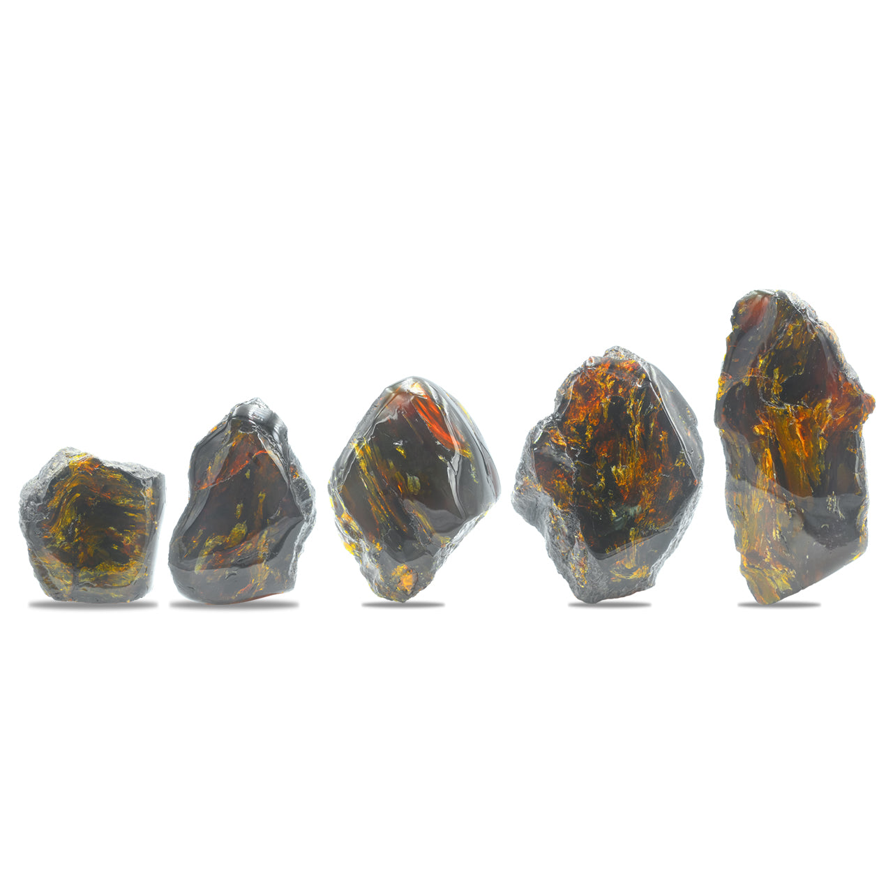 Line‑up of 5 pcs polished Lion’s Mane Sumatra amber pieces in slightly different shapes, sizes, and color tones.