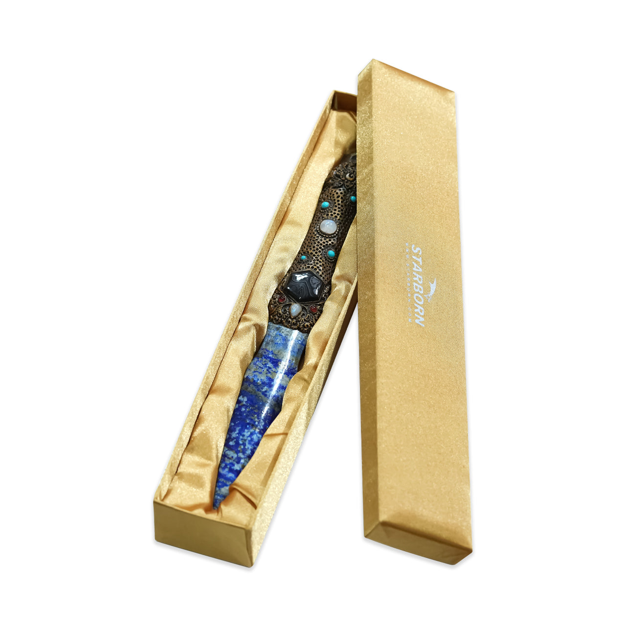 Lapis Lazuli magic wand with a craved clay handle 34cm
