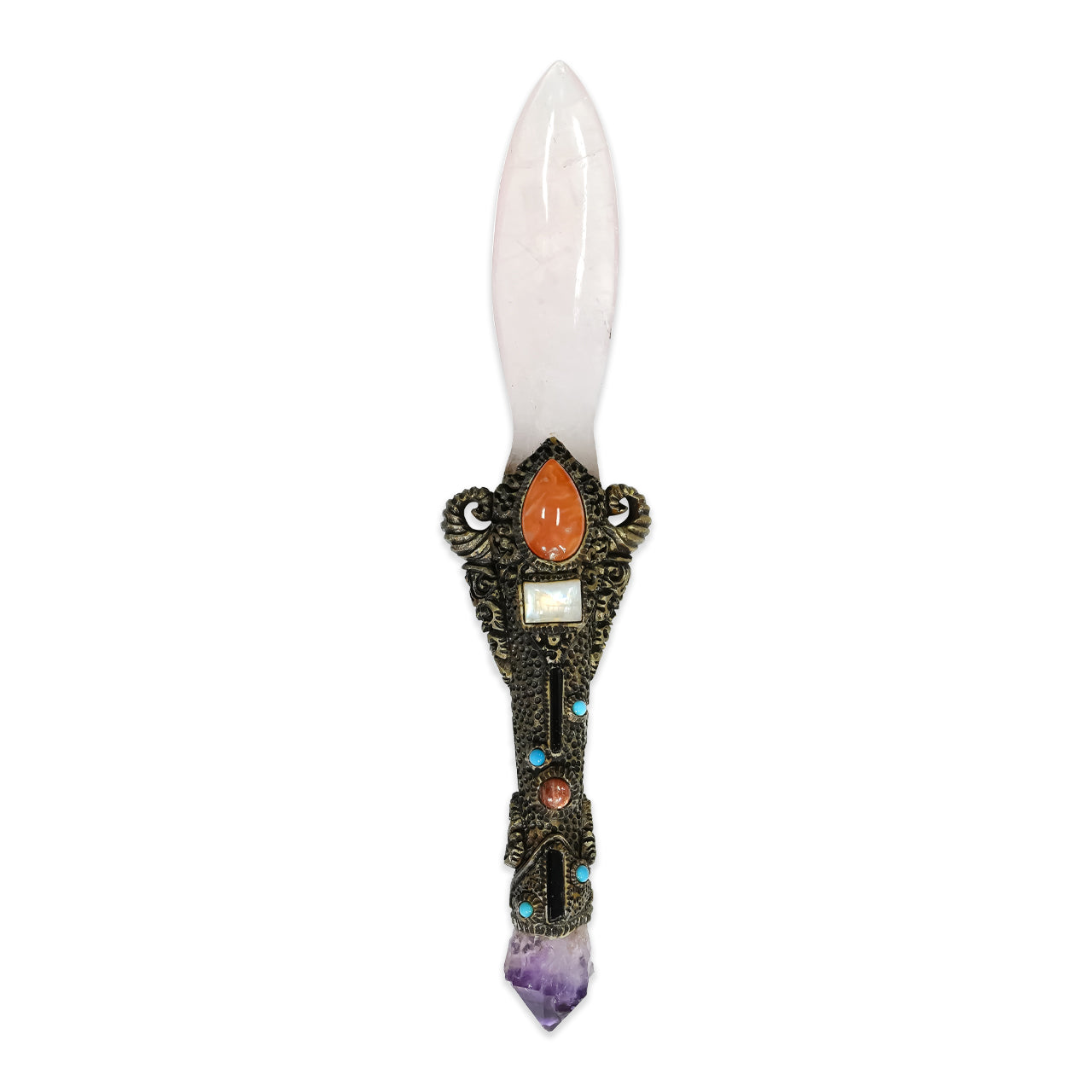 The carved dagger with Rose Quartz & Amethyst Crystal 9.5" long.