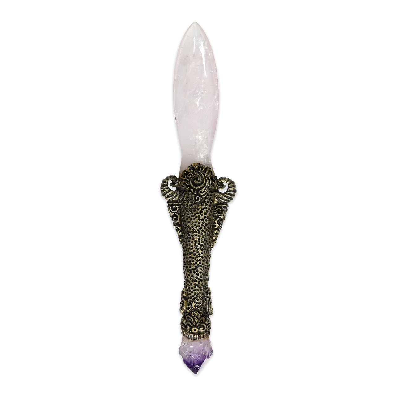 The carved dagger with Rose Quartz & Amethyst Crystal 9.5" long.