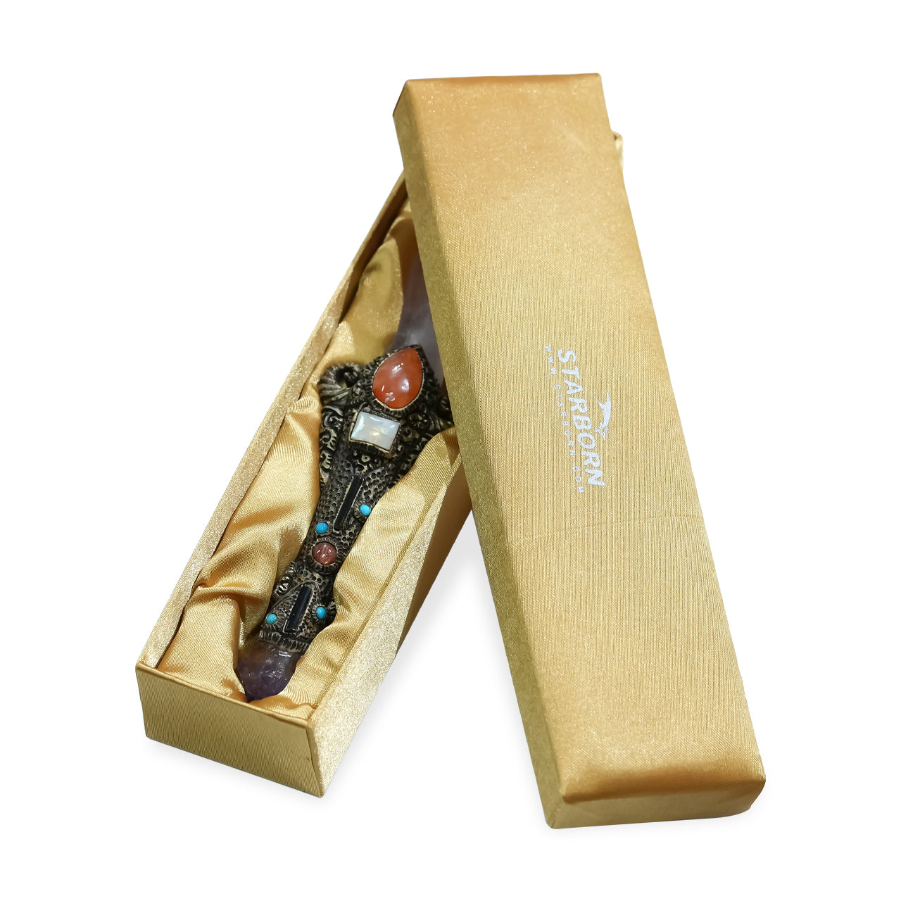 The carved dagger with Rose Quartz & Amethyst Crystal 9.5" long.