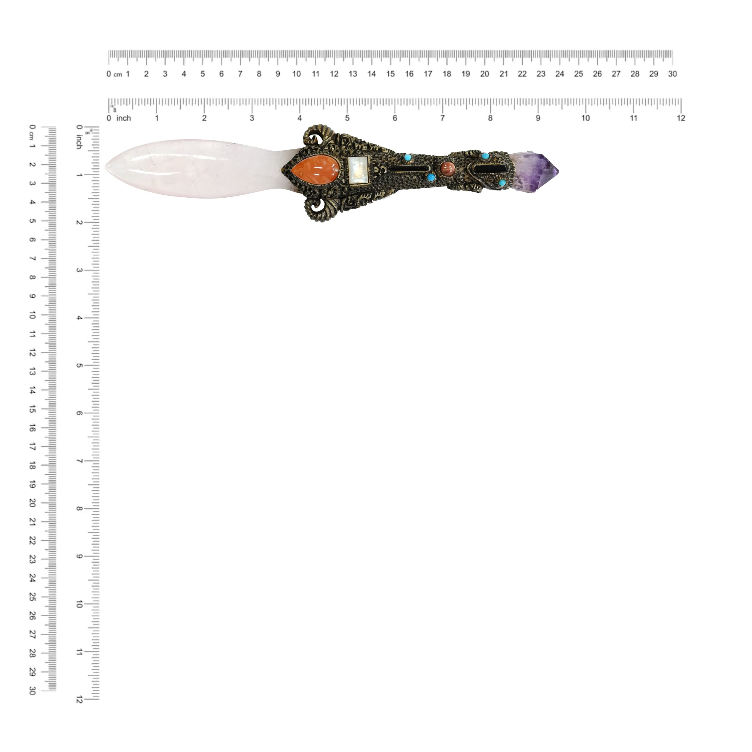 The carved dagger with Rose Quartz & Amethyst Crystal 9.5" long.