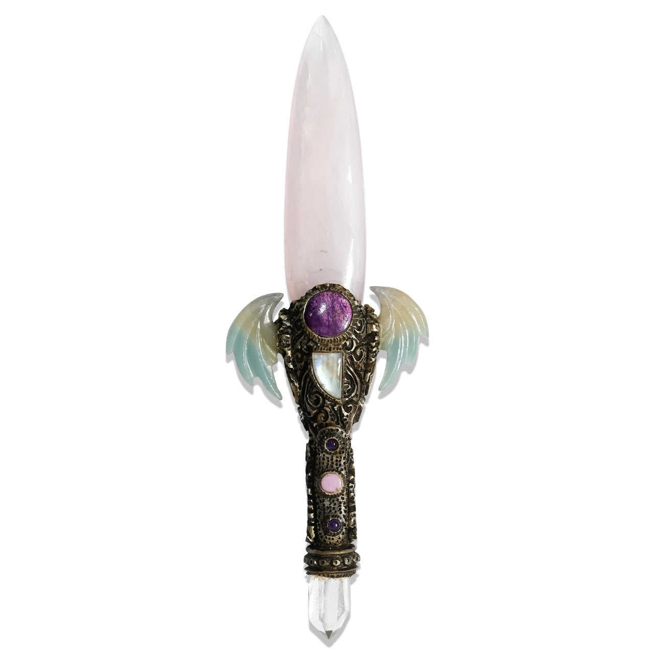 Decorative Wand with Rose Quartz & Trolleite Carved Wings