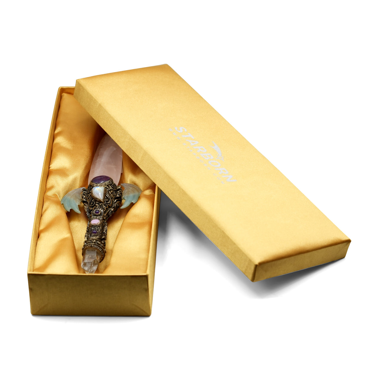 Decorative Wand with Rose Quartz & Trolleite Carved Wings