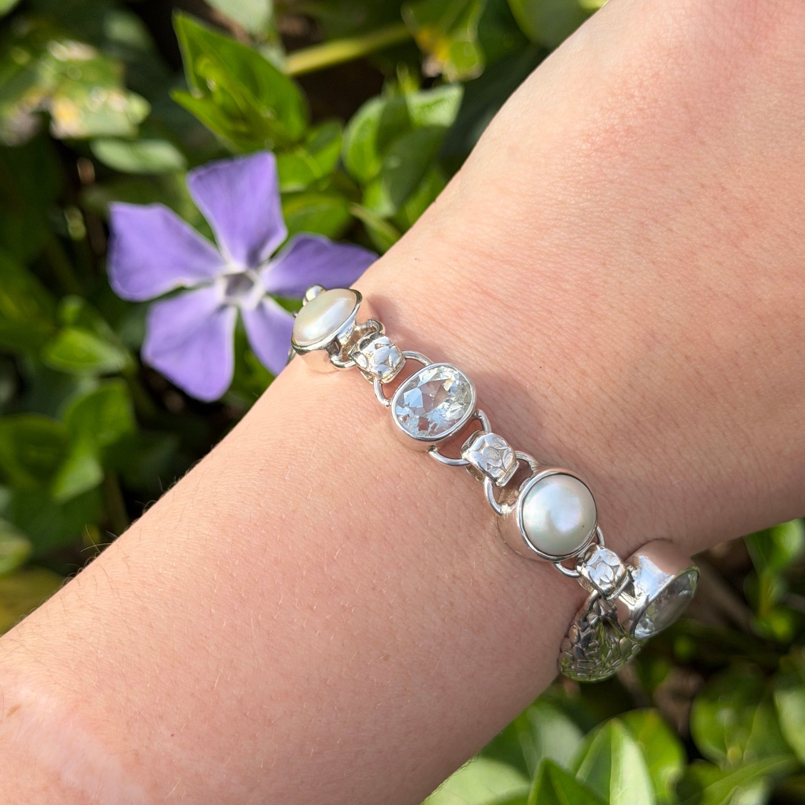 Sterling Silver  Aquamarine Bracelet with freshwater pearl accent stones 