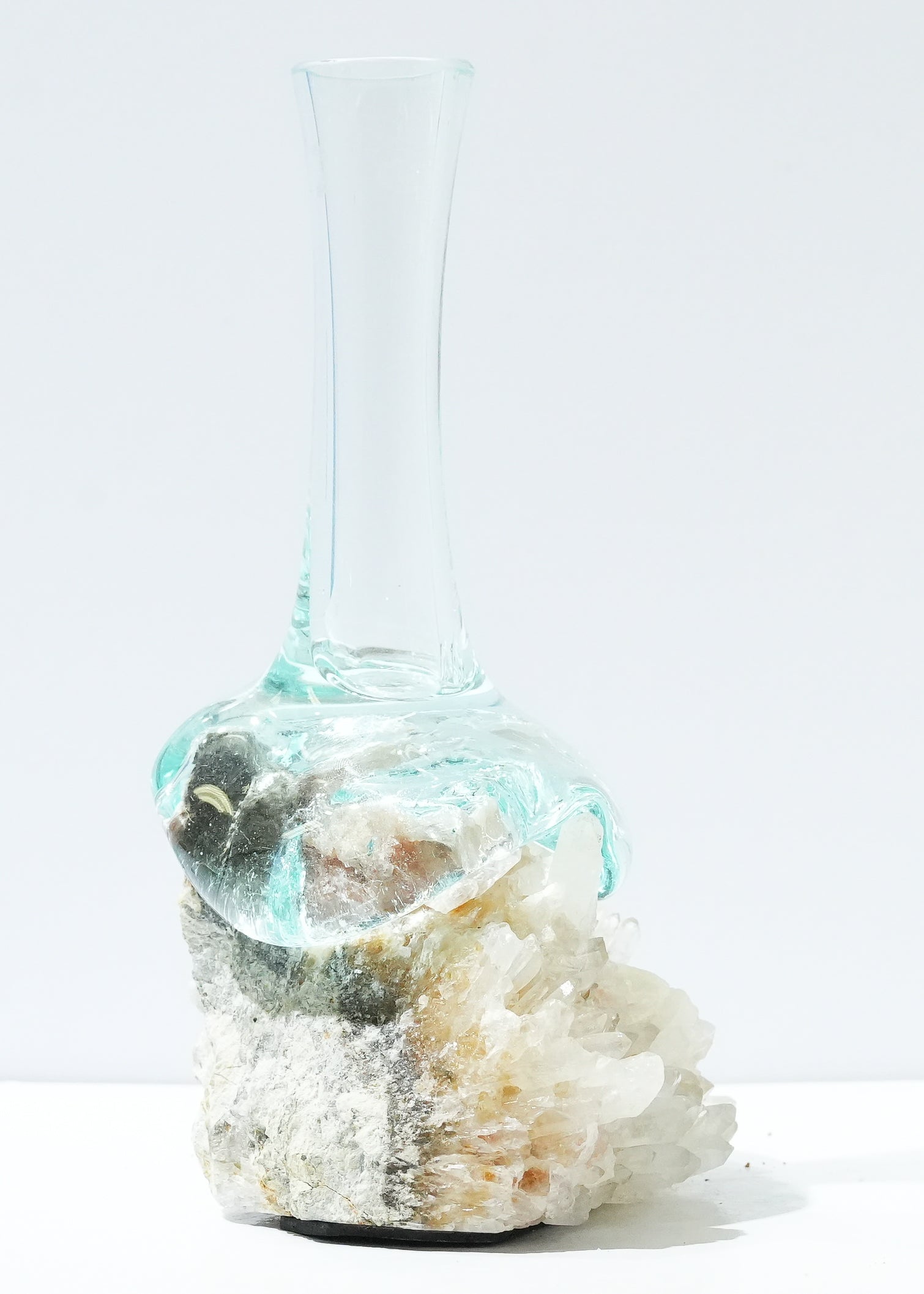Starborn Handblown Molten Glass Vase Display on Quartz Crystal