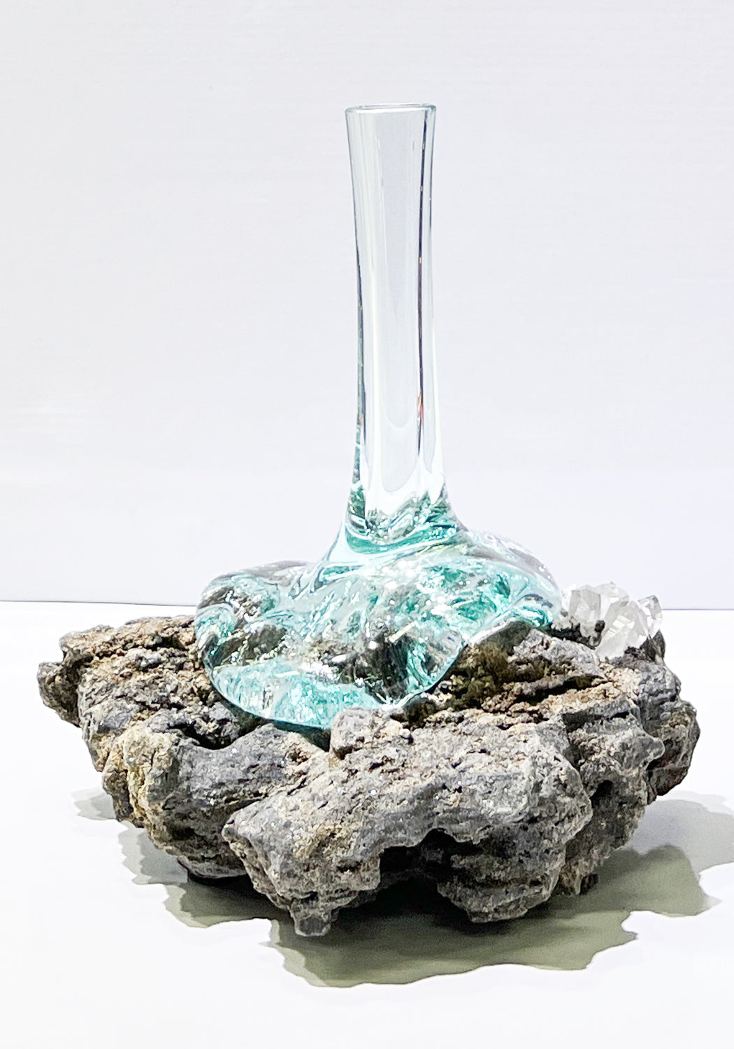 Starborn Handblown Molten Glass Vase on Black Quartzite with Quartz Crystal Inlay