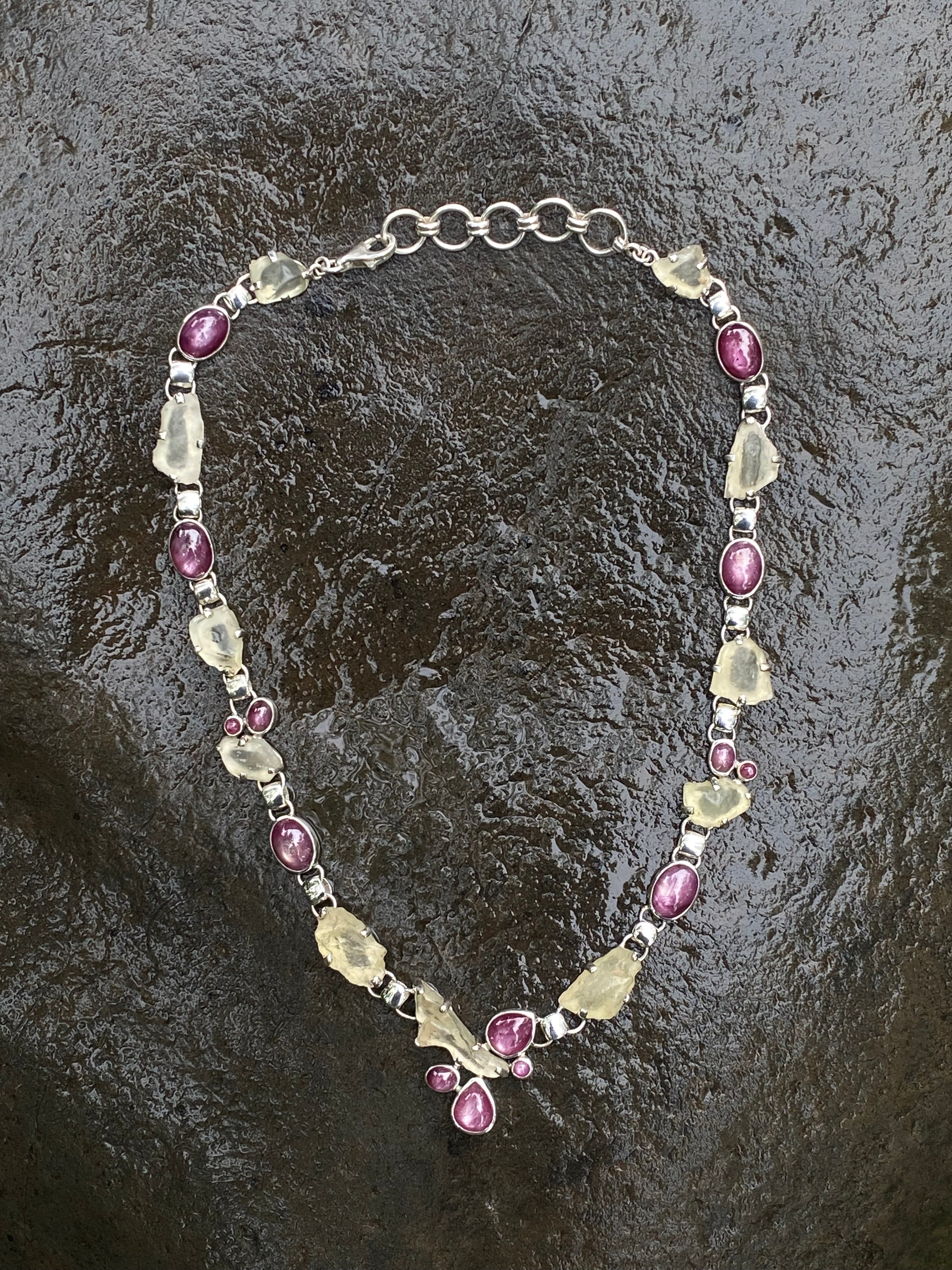 Starborn Libyan Desert Glass & Star Ruby Necklace in Sterling Silver