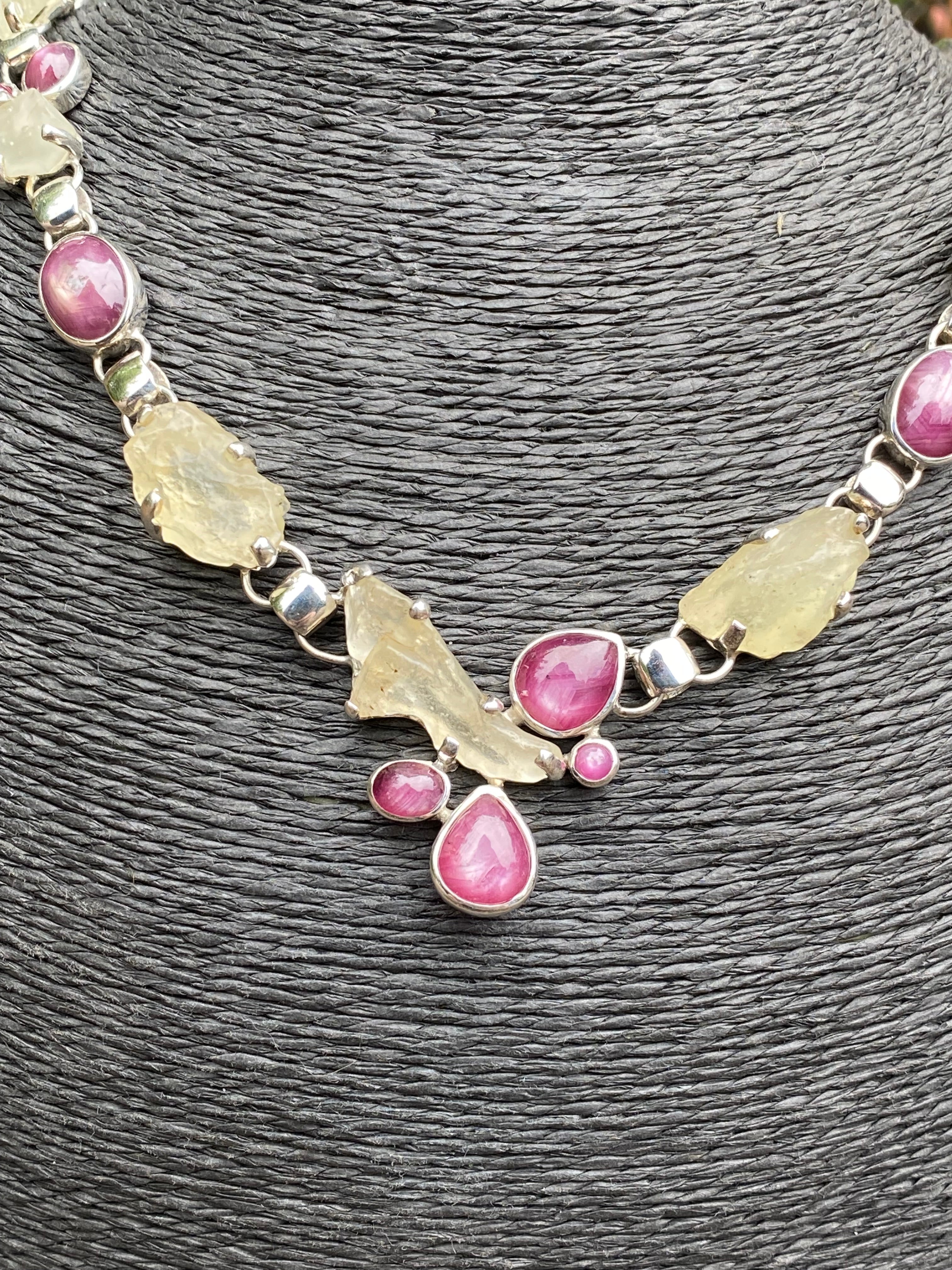 Starborn Libyan Desert Glass & Star Ruby Necklace in Sterling Silver