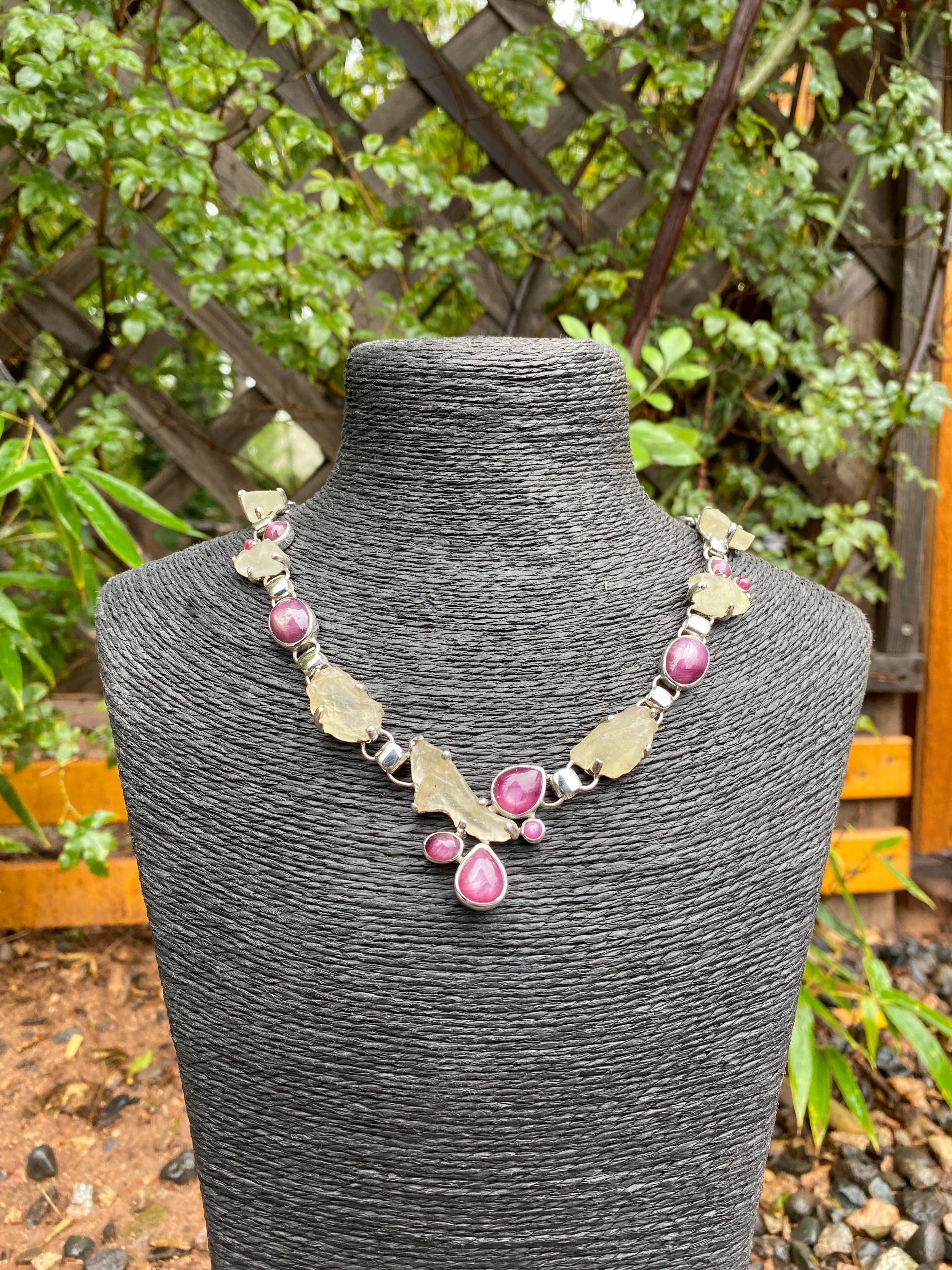 Starborn Libyan Desert Glass & Star Ruby Necklace in Sterling Silver