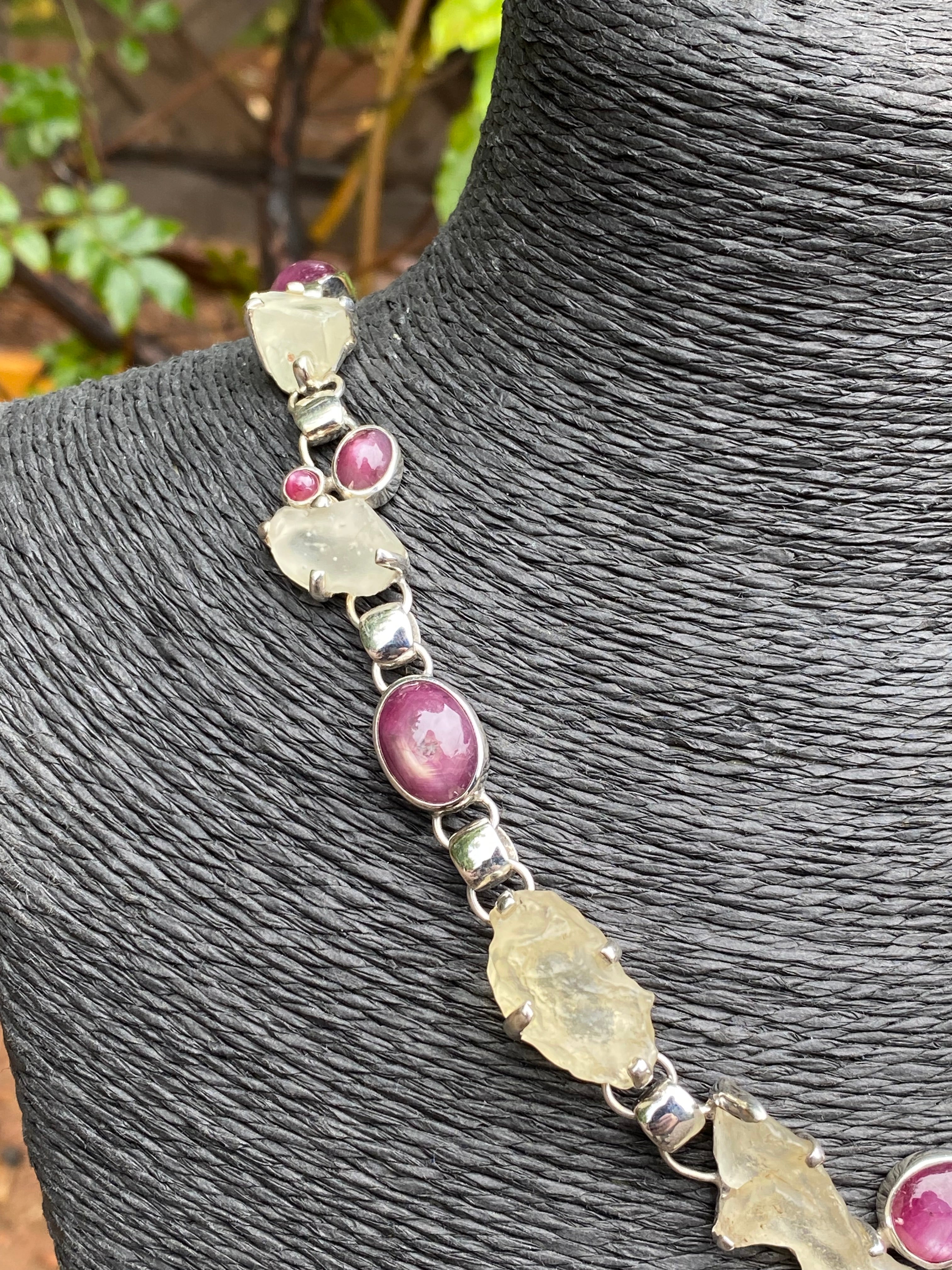 Starborn Libyan Desert Glass & Star Ruby Necklace in Sterling Silver