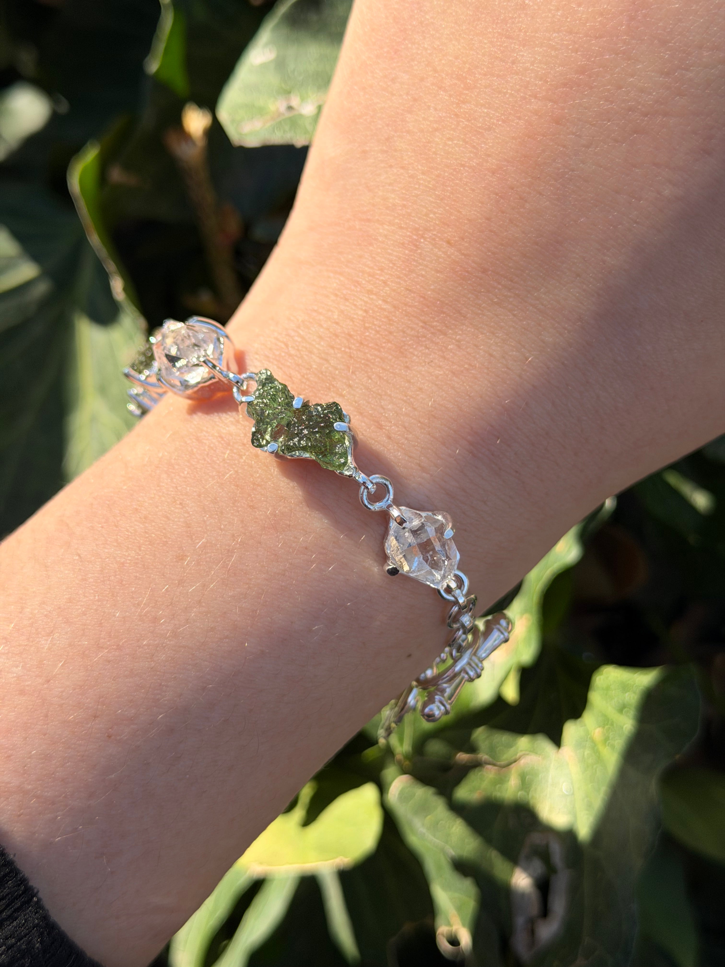 Starborn Moldavite & Herkimer Diamond Bracelet in Sterling Silver