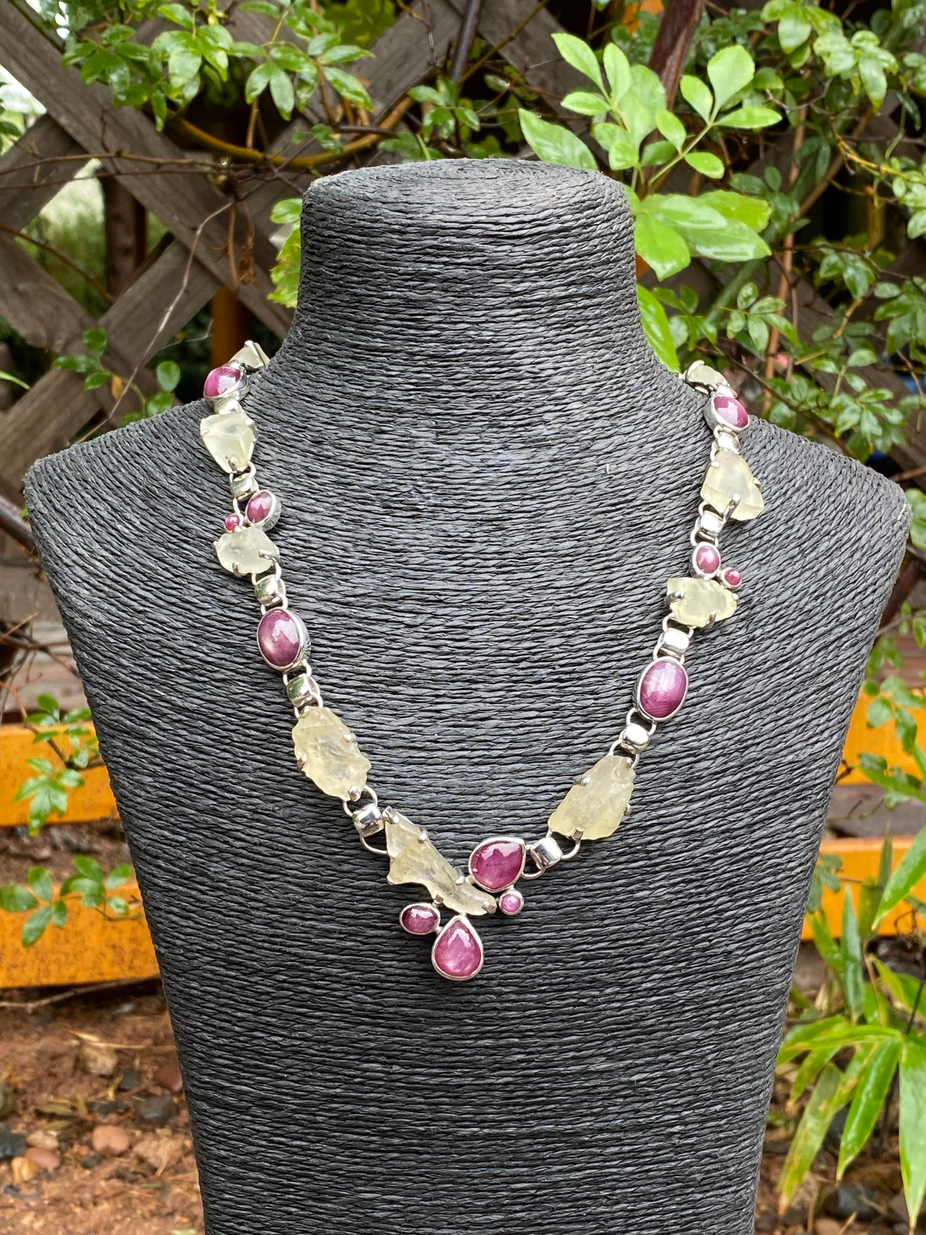 Starborn Libyan Desert Glass & Star Ruby Necklace in Sterling Silver