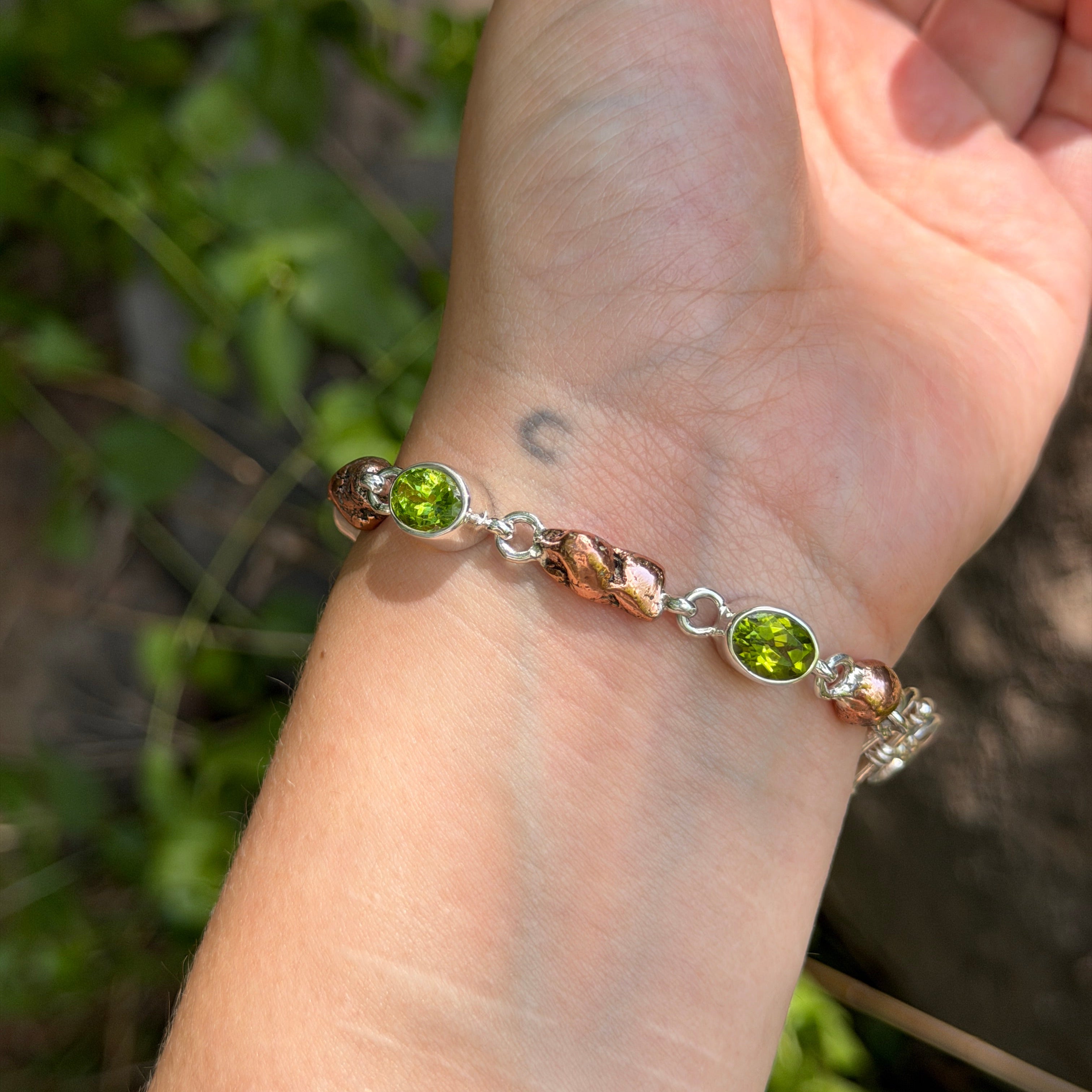 Starborn Peridot + Copper Nugget Bracelet in Sterling Silver