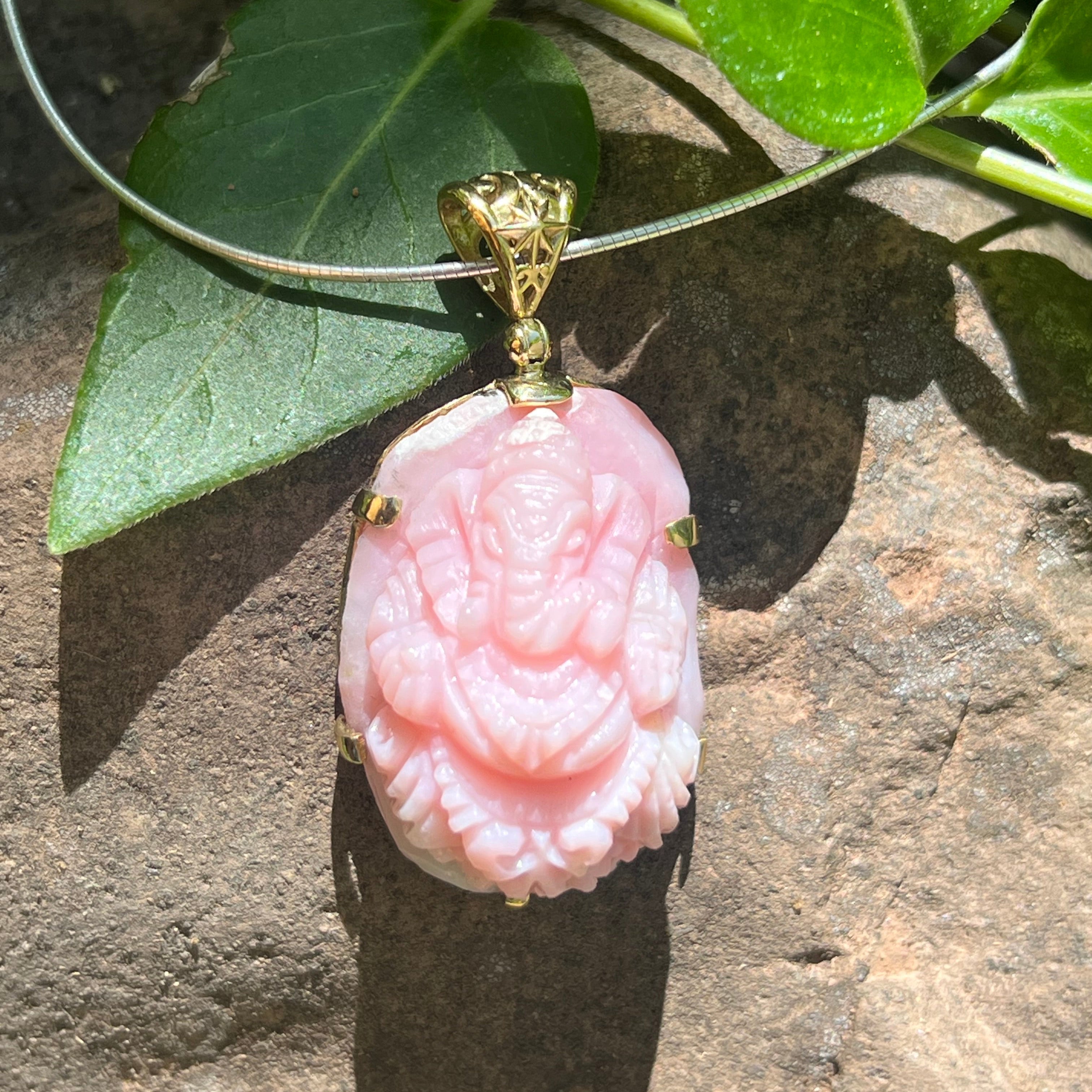 Starborn Pink Opal Ganesha Pendant in Nordic Gold