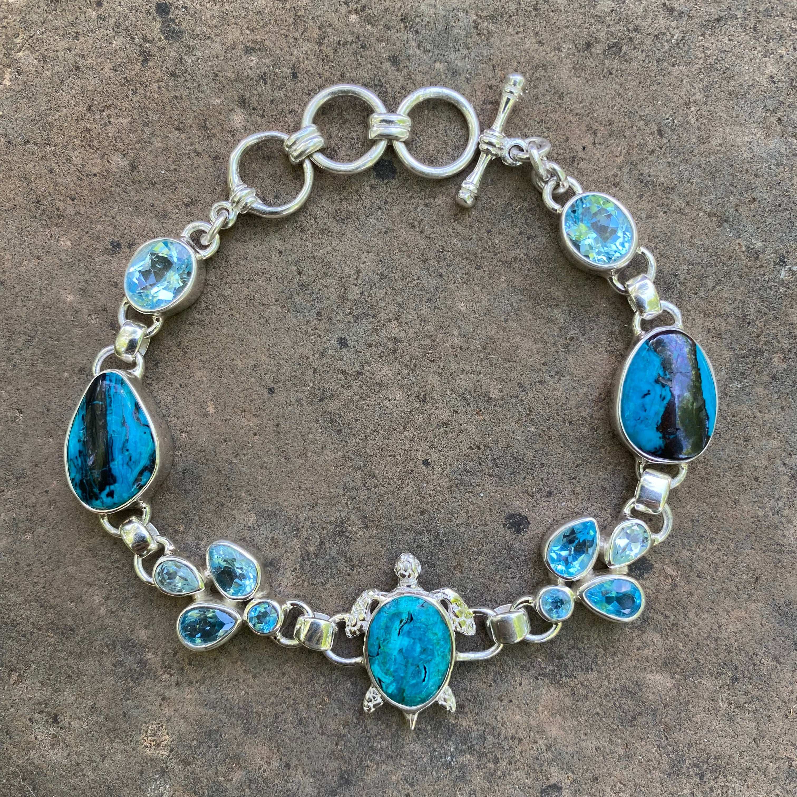 Starborn Shattuckite & Blue Topaz Sea Turtle Bracelet in Sterling Silver