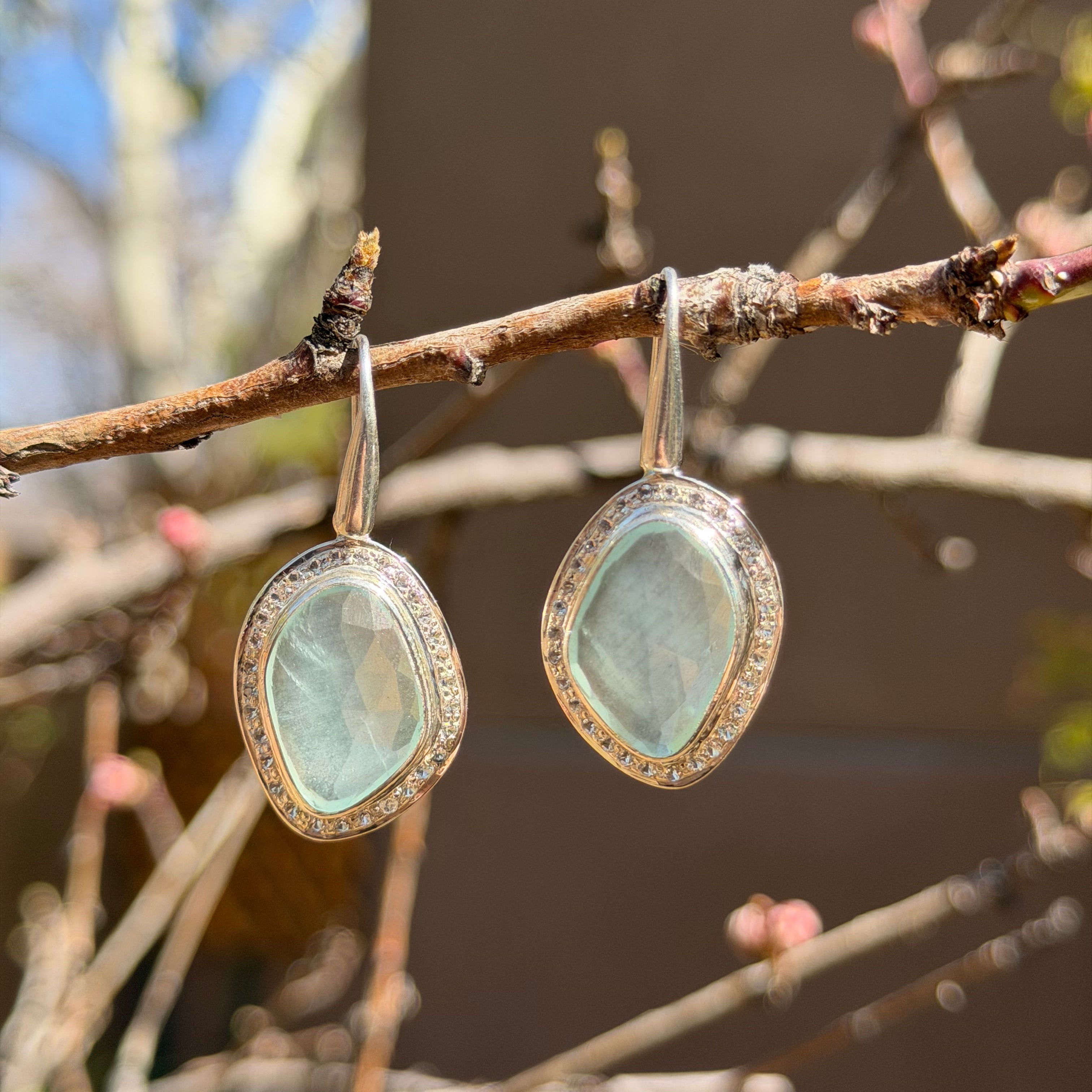 Faceted Aquamarine Dangle Earrings in Sterling Silver with White Topaz Pave 