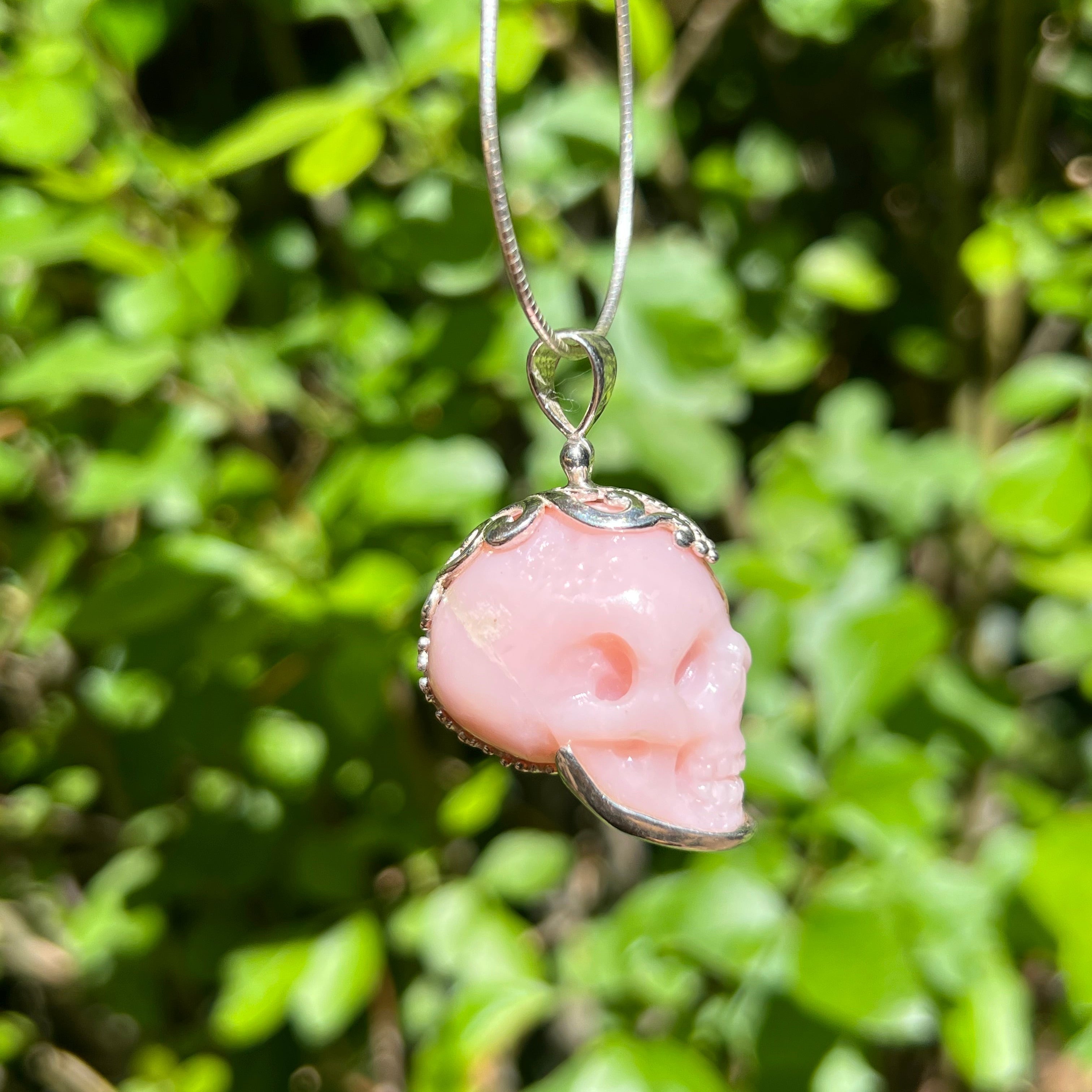 Starborn Pink Opal Skull Pendant in Sterling Silver