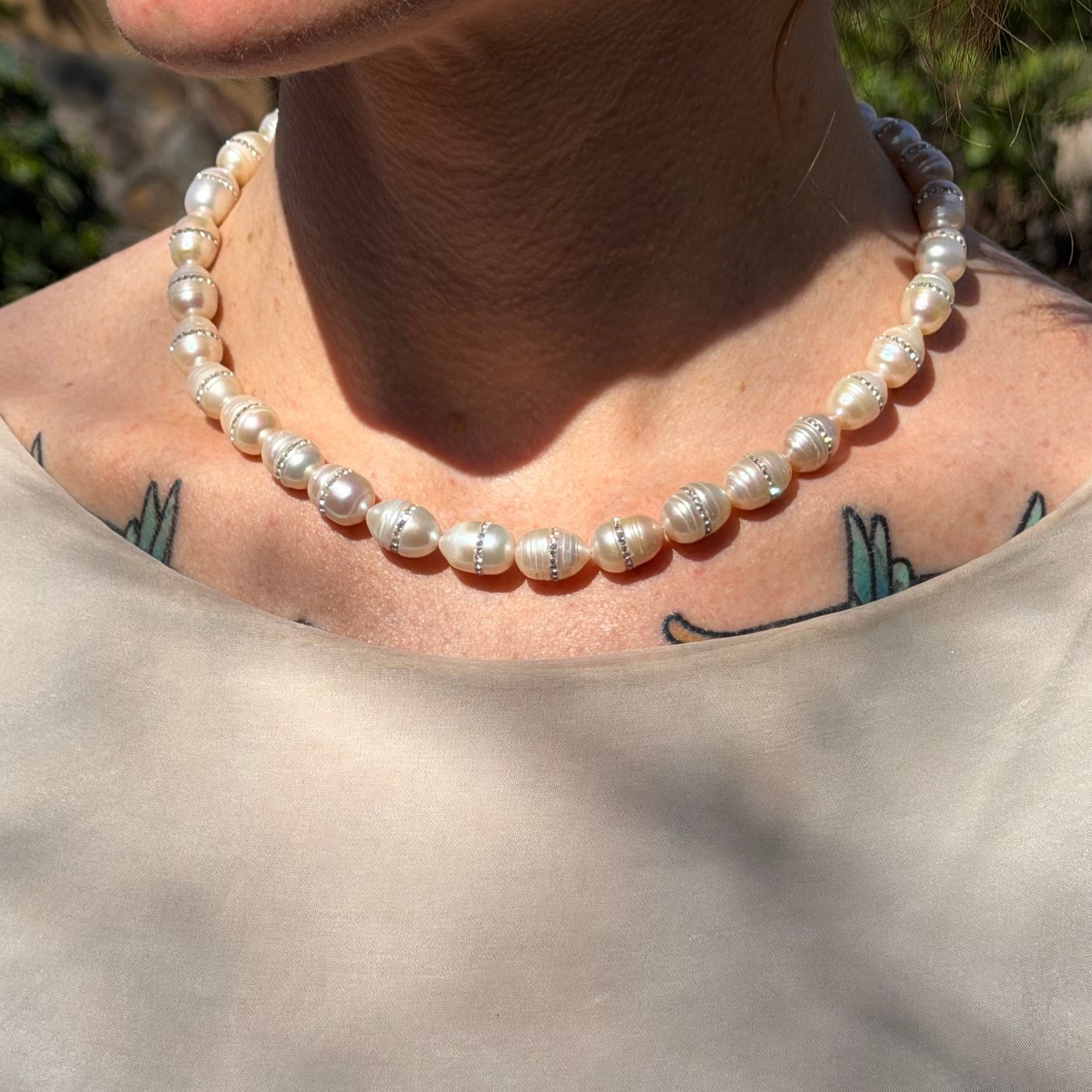 Starborn Freshwater Pearl Necklace with Swarovski Crystal Inlay in Sterling Silver