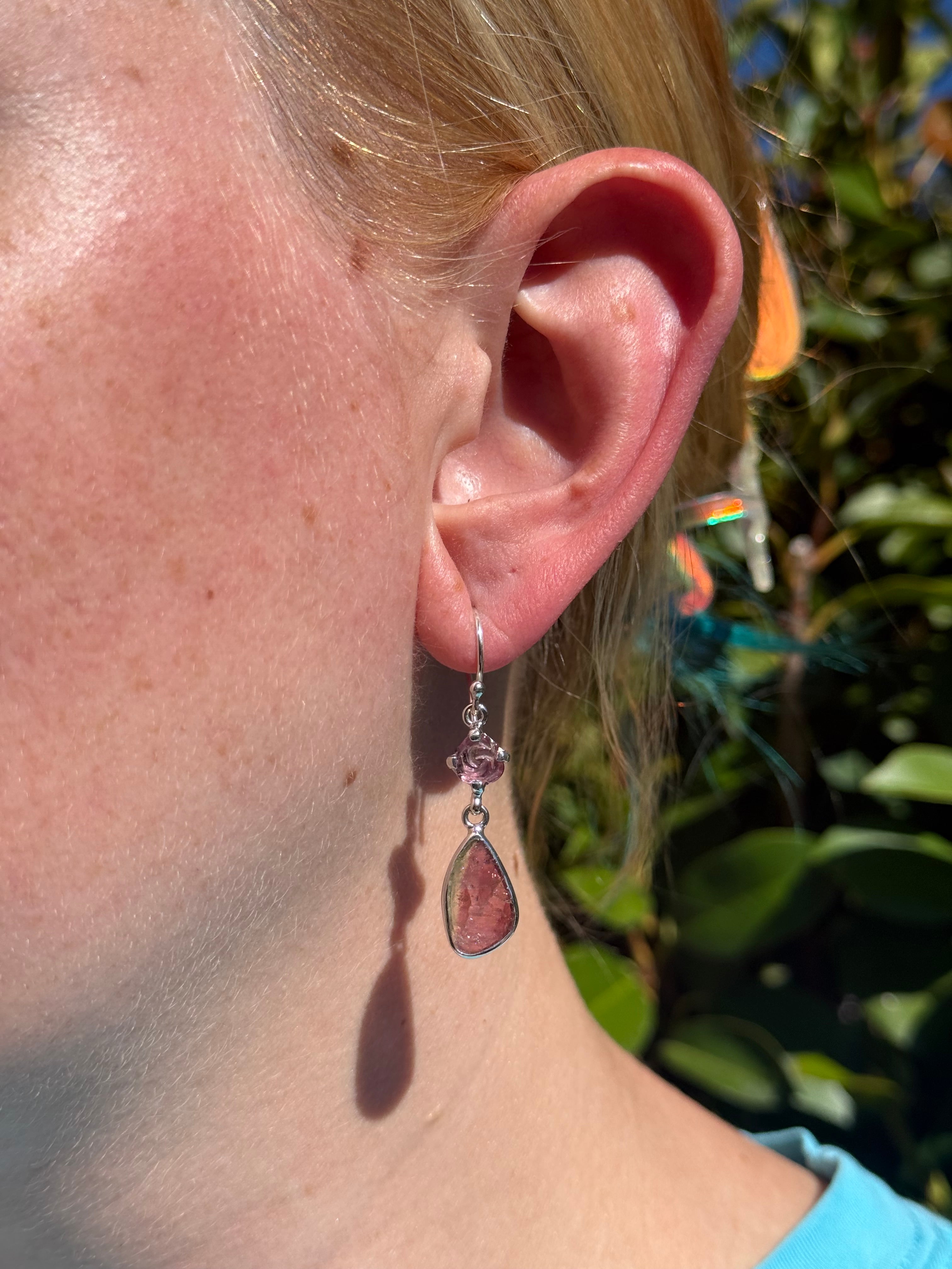 Starborn Watermelon Tourmaline Rose Dangle Earrings in Sterling Silver
