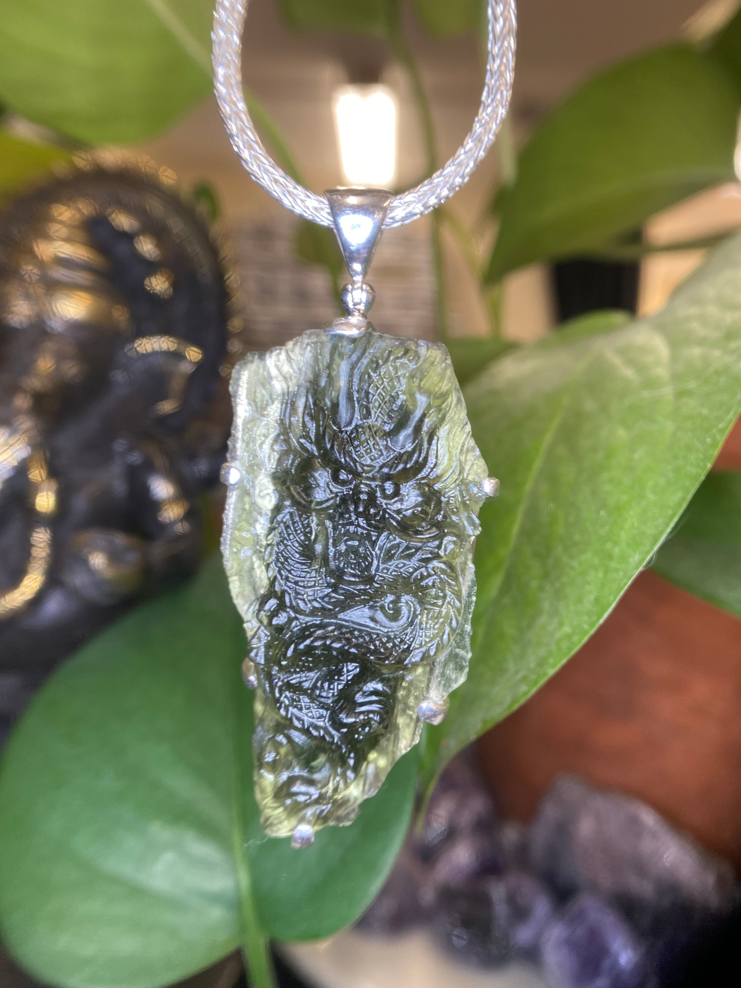 Starborn Moldavite Dragon Pendant in Sterling Silver