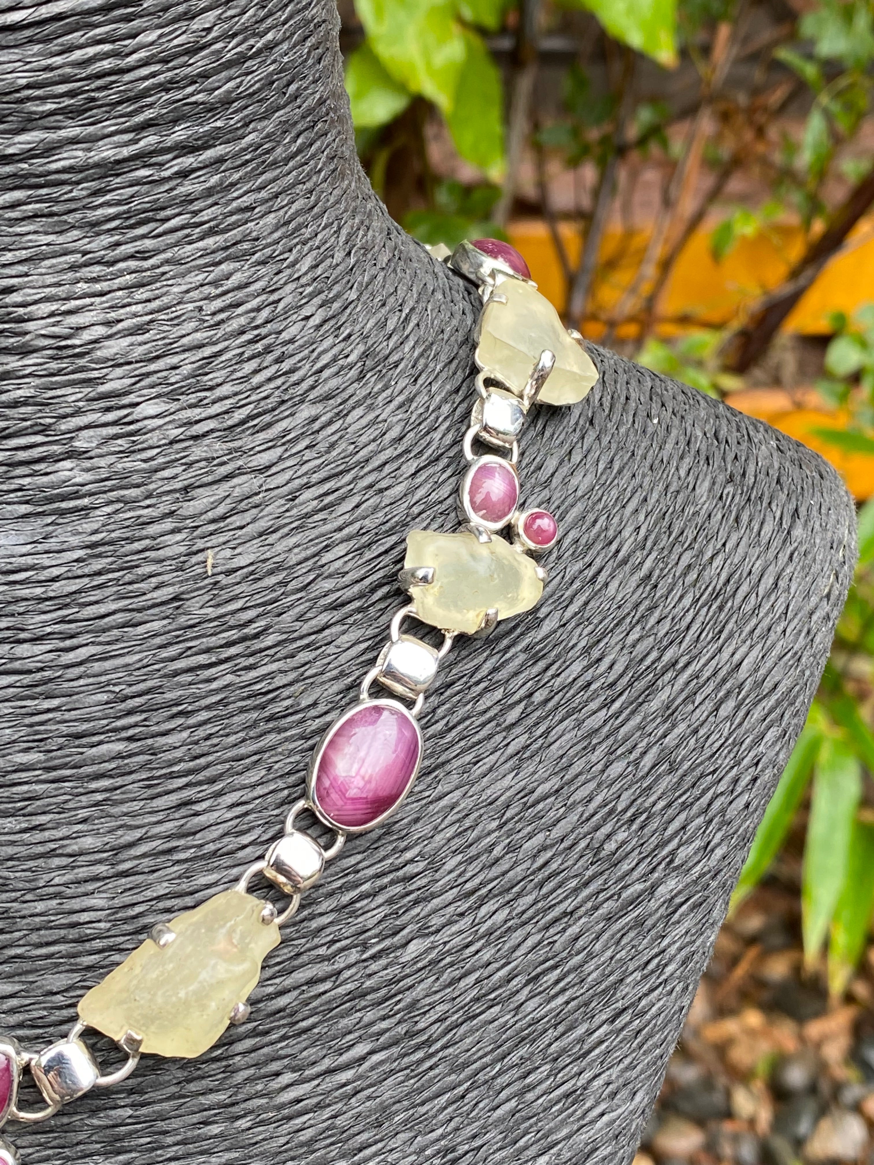 Starborn Libyan Desert Glass & Star Ruby Necklace in Sterling Silver