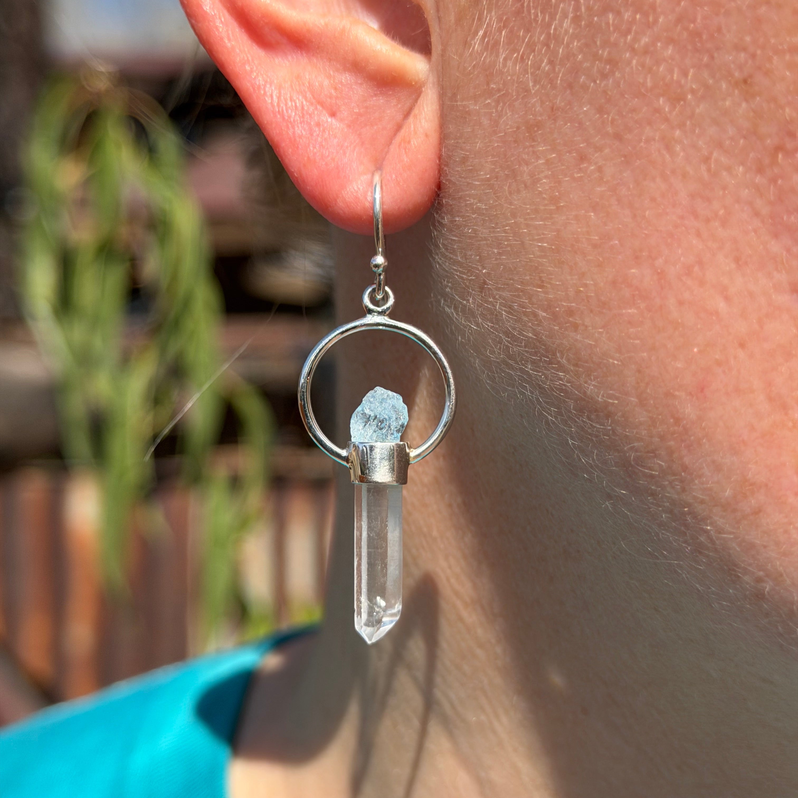 Sterling Silver Aquamarine and Quartz Point Crystal Dangle Earrings 