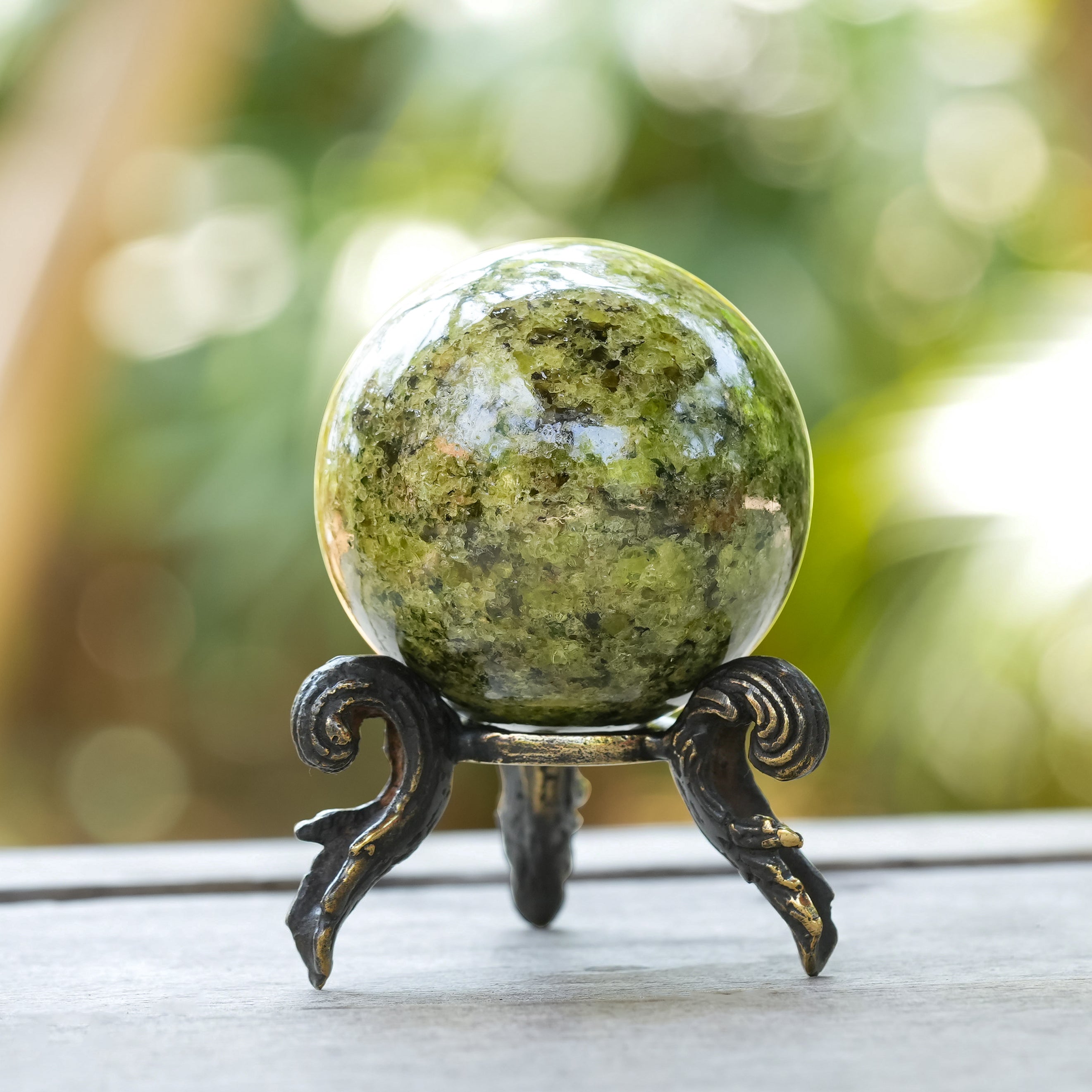 Starborn Arizona Peridot Sphere with Brass Decorative Display Stand