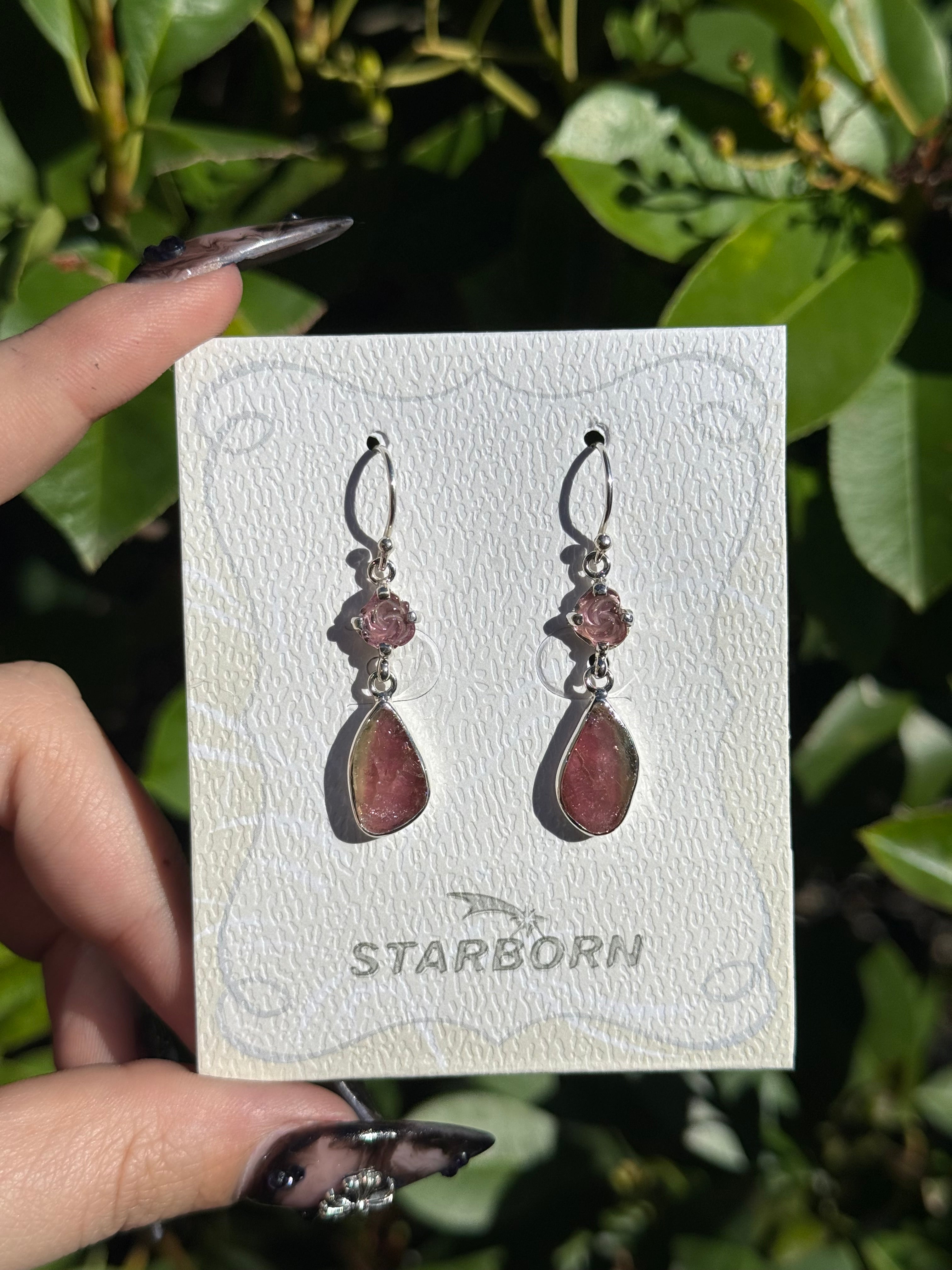 Starborn Watermelon Tourmaline Rose Dangle Earrings in Sterling Silver