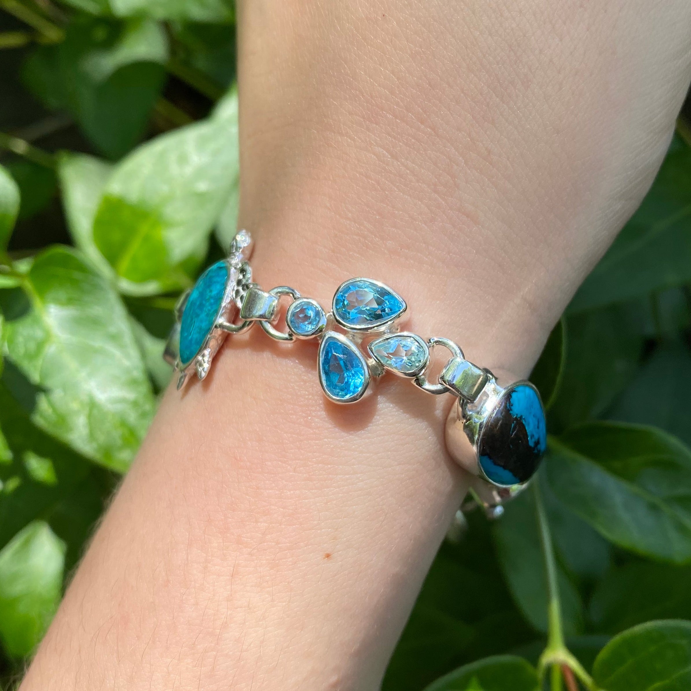 Starborn Shattuckite & Blue Topaz Sea Turtle Bracelet in Sterling Silver