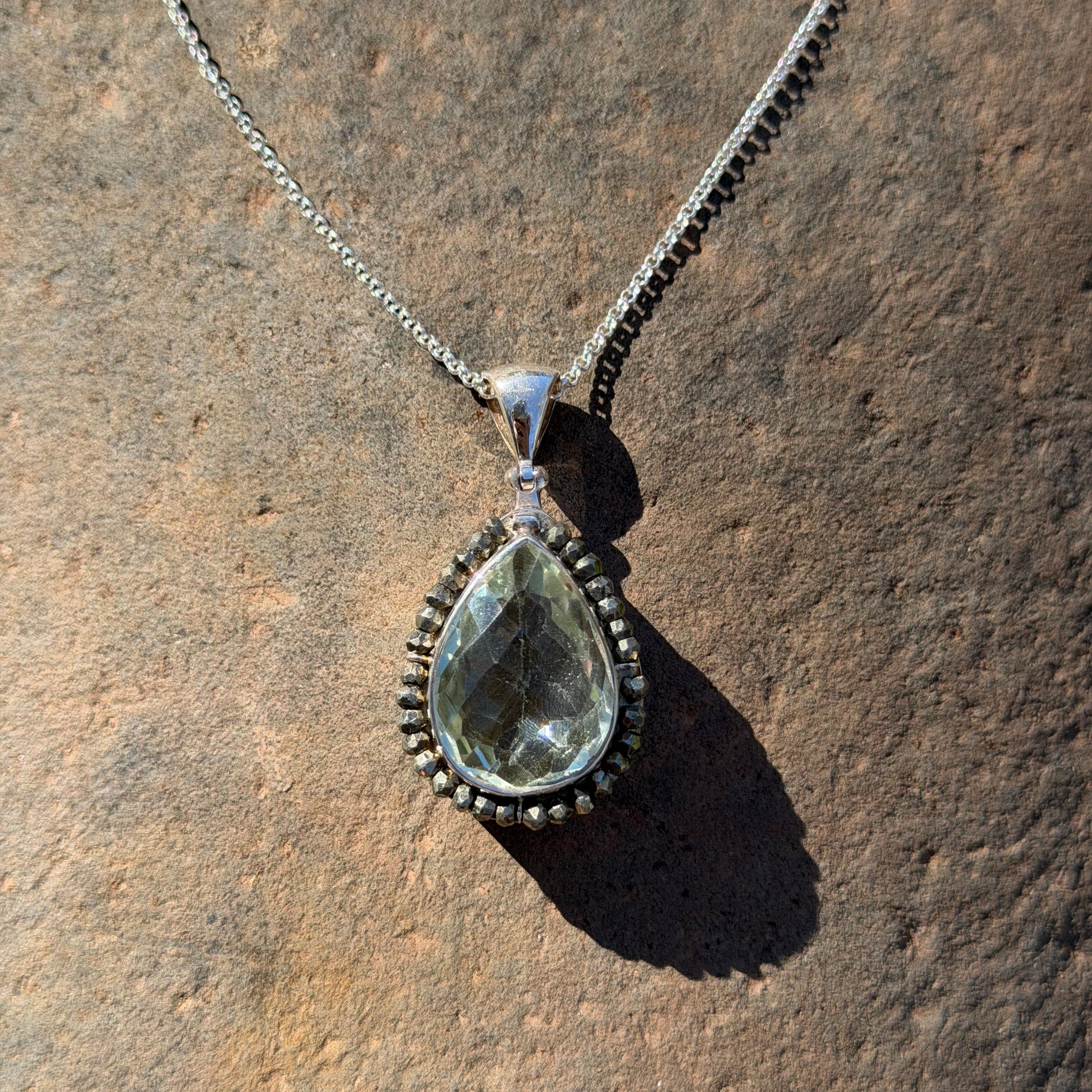Prasiolite Green Amethyst Pendant in Sterling Silver with Pyrite Beaded Bezel