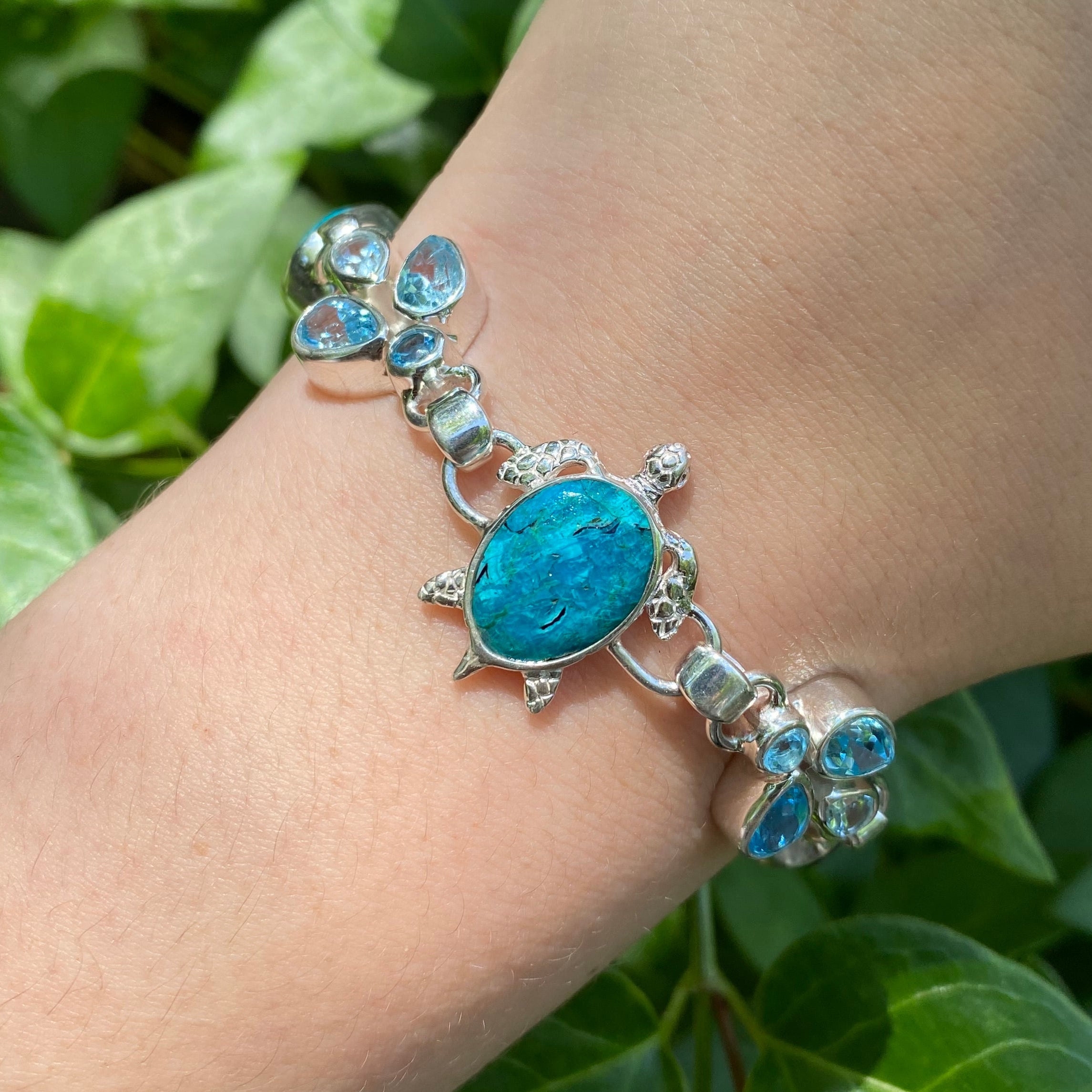 Starborn Shattuckite & Blue Topaz Sea Turtle Bracelet in Sterling Silv