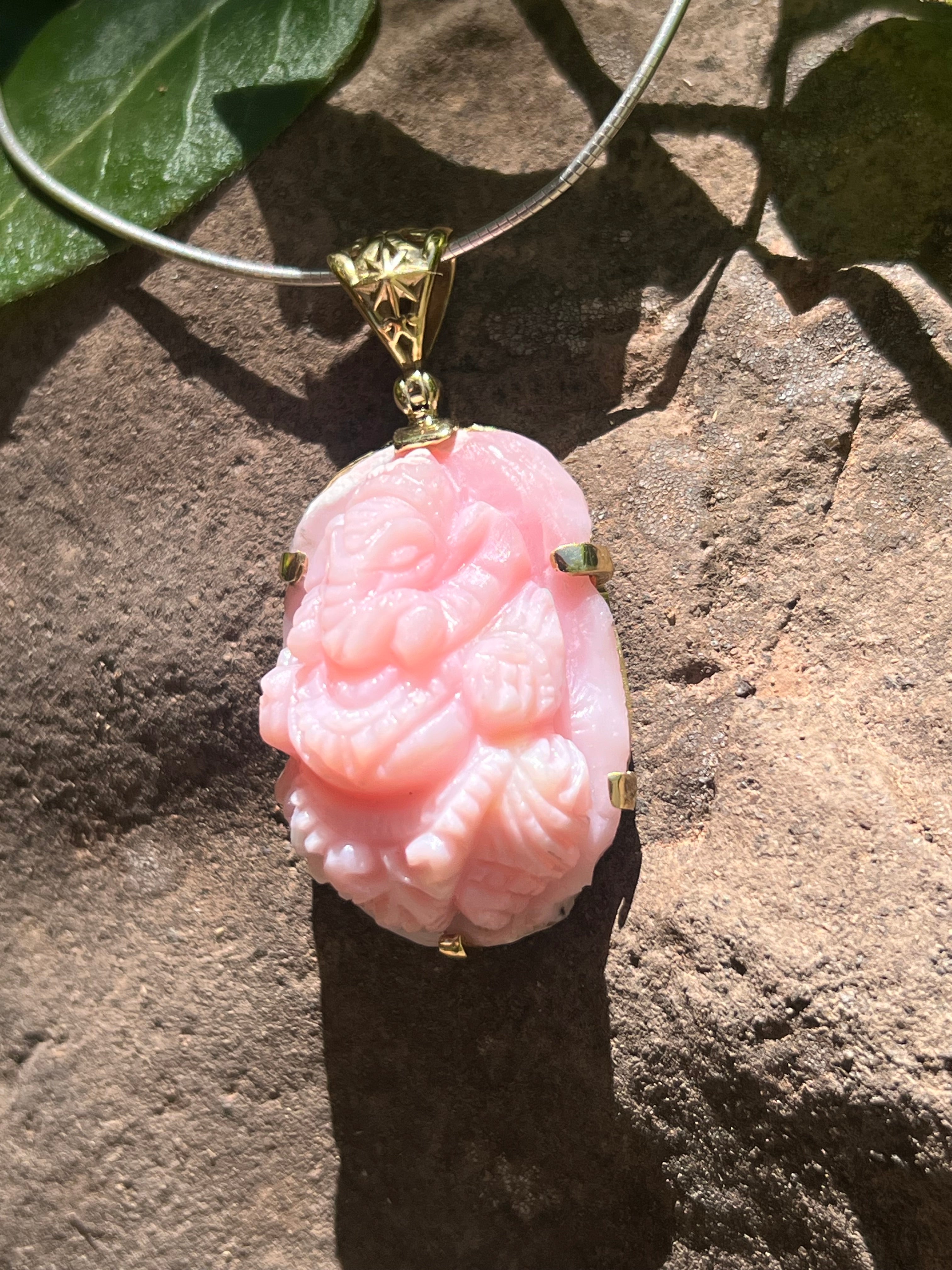 Starborn Pink Opal Ganesha Pendant in Nordic Gold