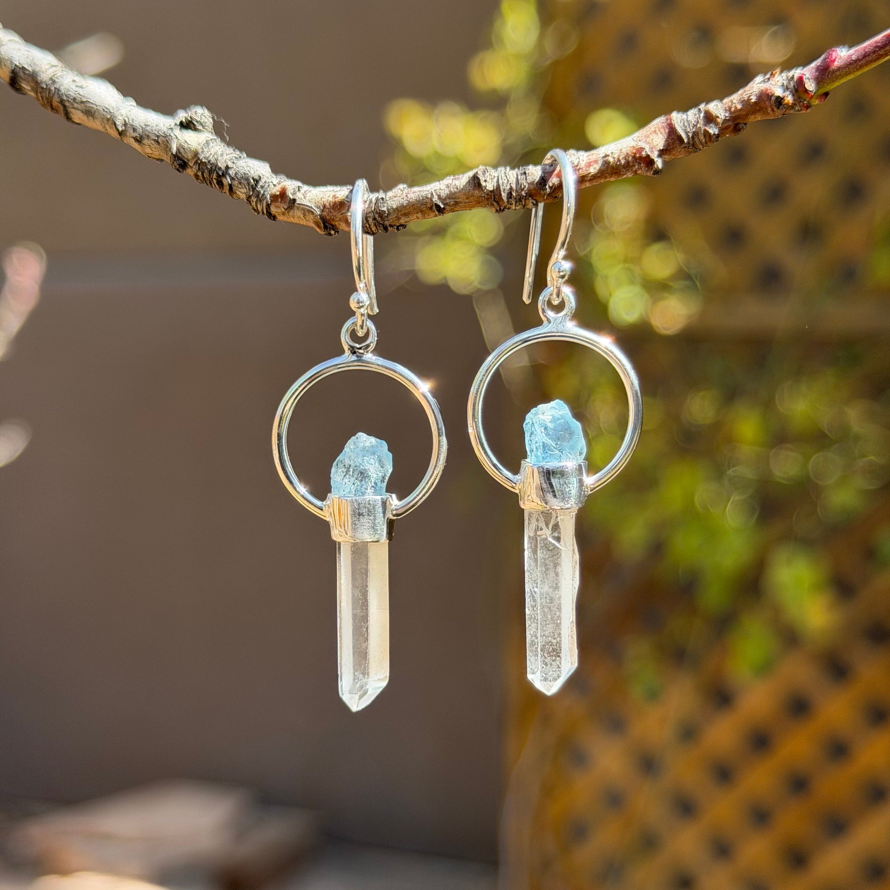 Sterling Silver Aquamarine and Quartz Point Crystal Dangle Earrings 