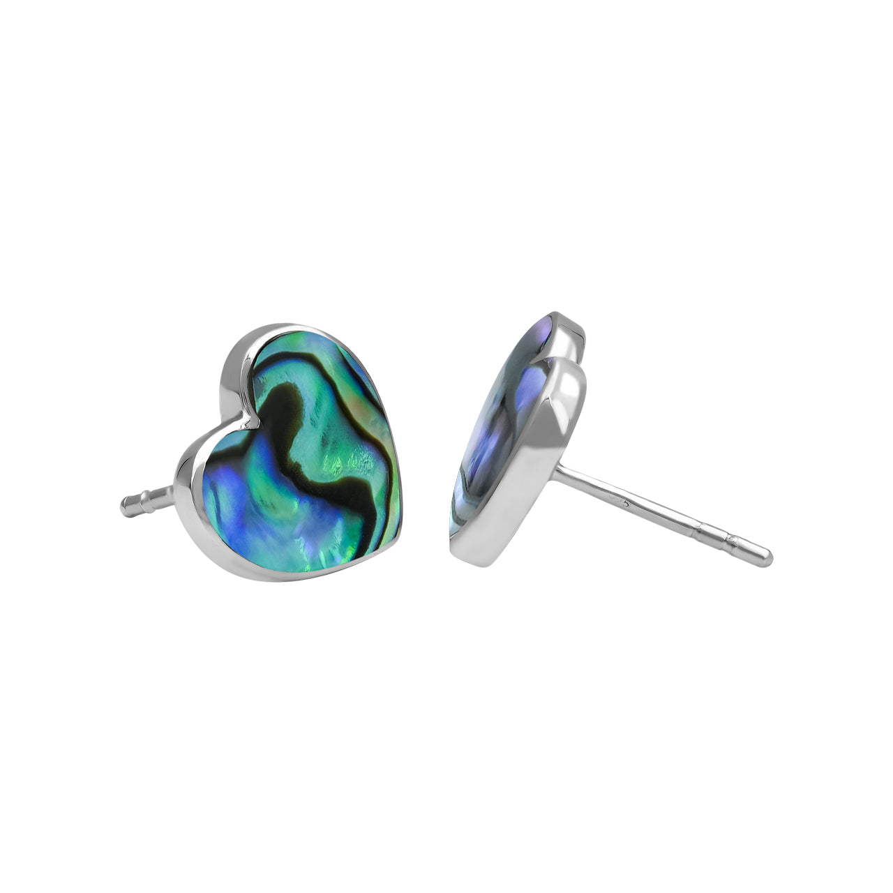 Side‑profile view of one heart‑shaped Abalone Shell stud earring showing the thickness of the piece and the Sterling Silver post.