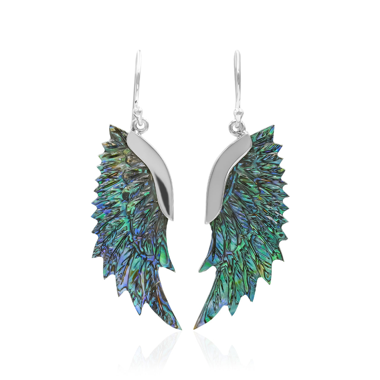 Starborn Carved Wing Abalone Shell Dangle Earrings in Fine Sterling Silver