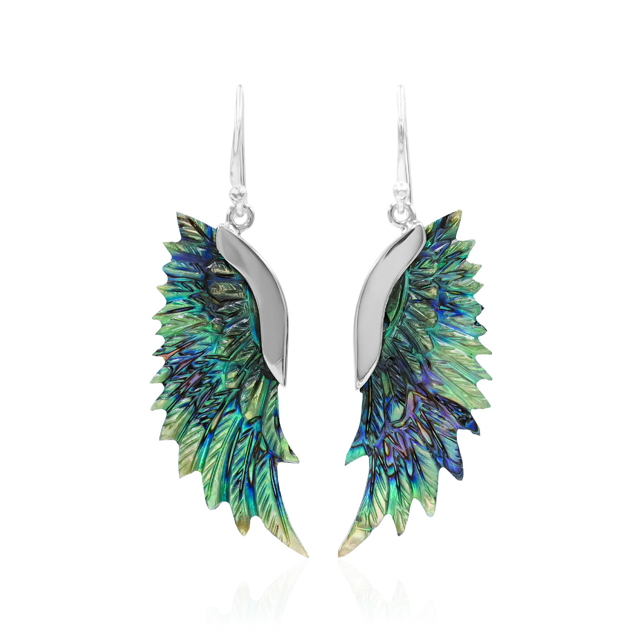 Starborn Carved Wing Abalone Shell Dangle Earrings in Fine Sterling Silver