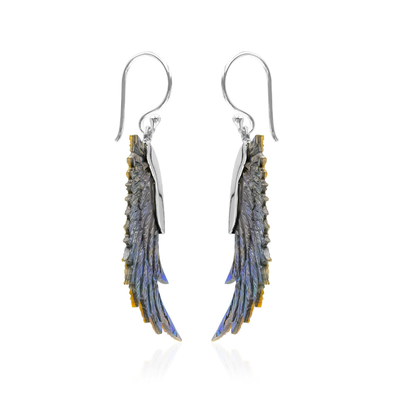 Starborn Carved Wing Abalone Shell Dangle Earrings in Fine Sterling Silver