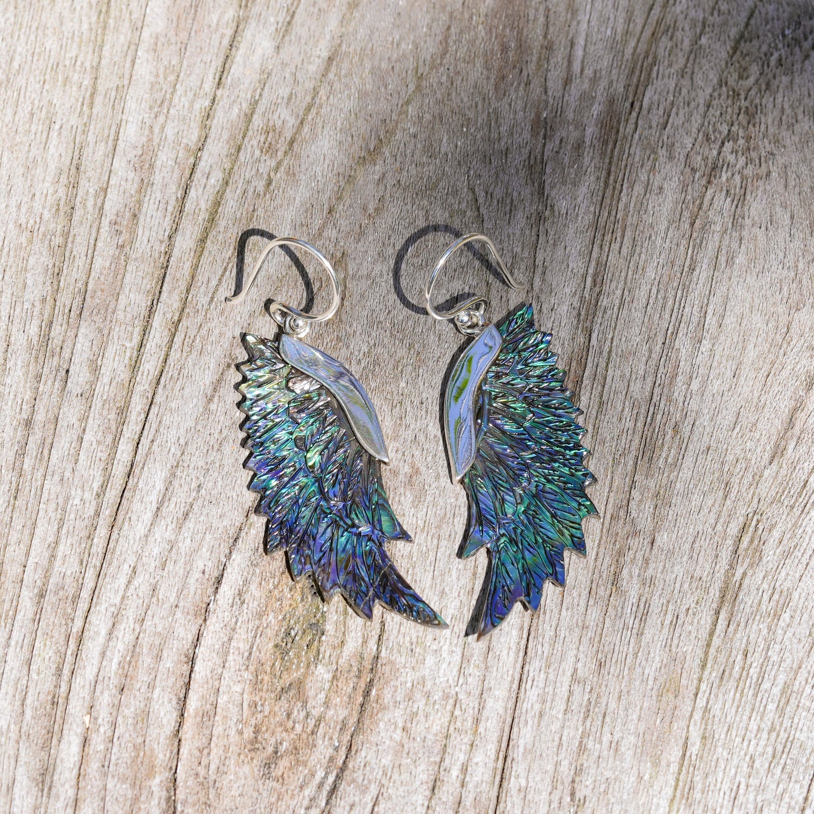 Starborn Carved Wing Abalone Shell Dangle Earrings in Fine Sterling Silver